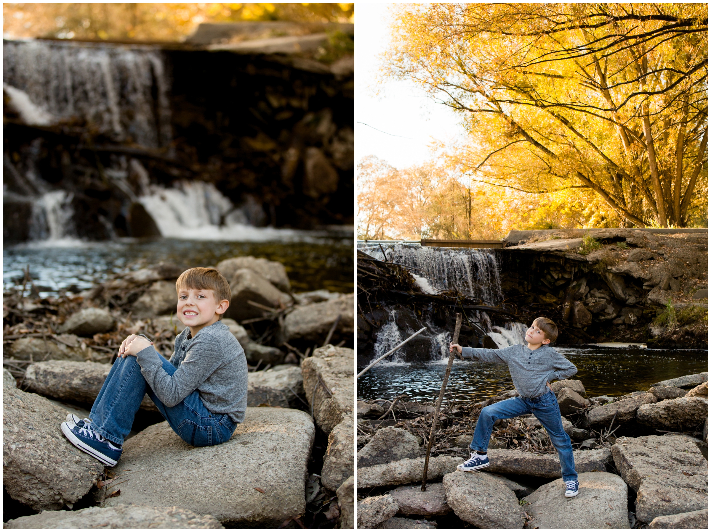 Golden Ponds Longmont family photos with waterfall in background 