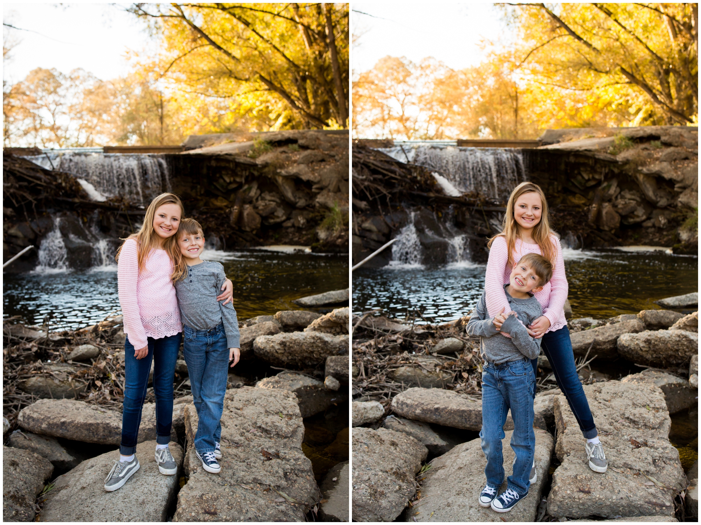 brother and sister posing in front of waterfall for Longmont family pictures at Golden Ponds 