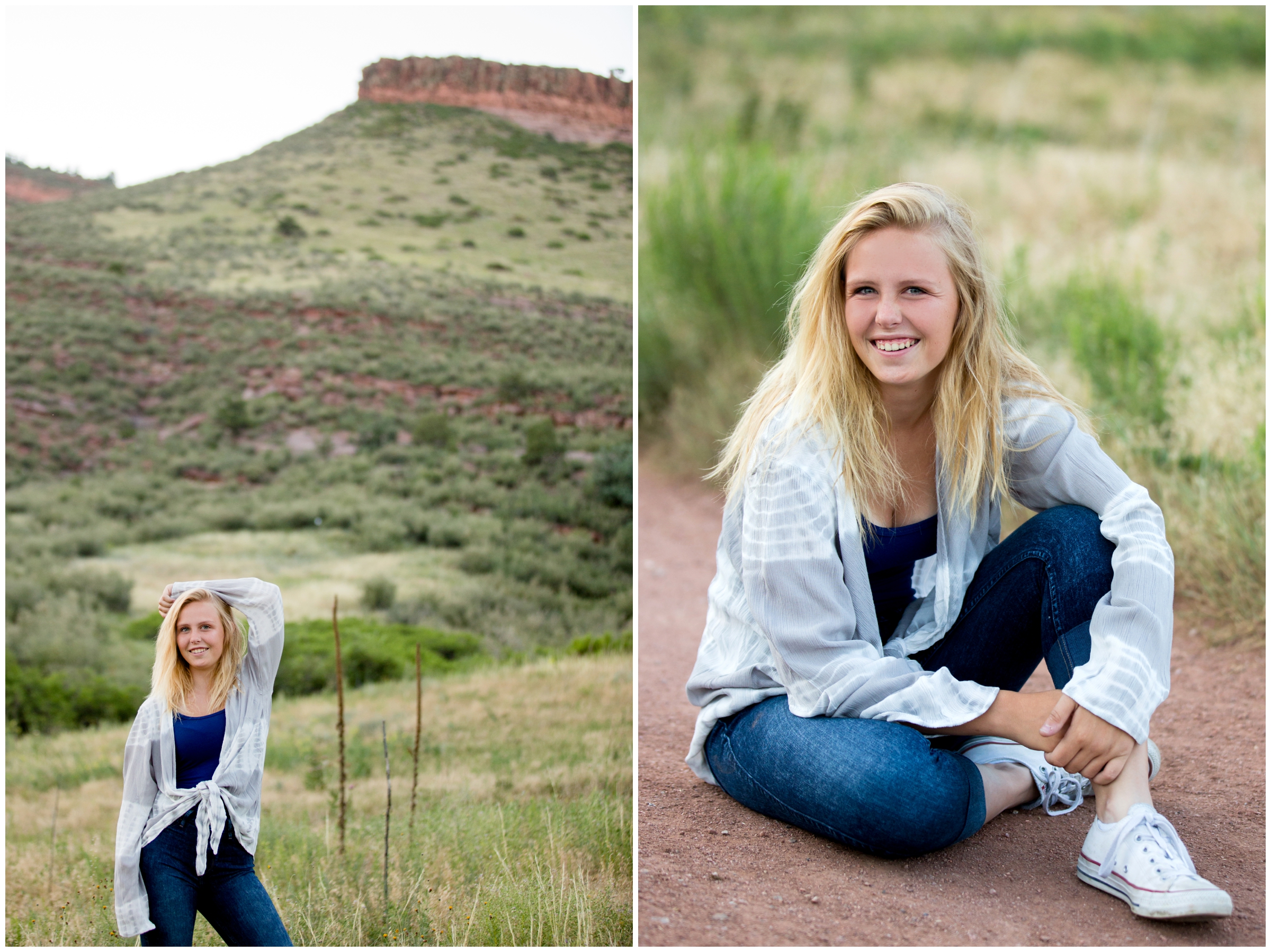girl posing with mountains in background at Longmont Colorado senior pictures in Lyons CO