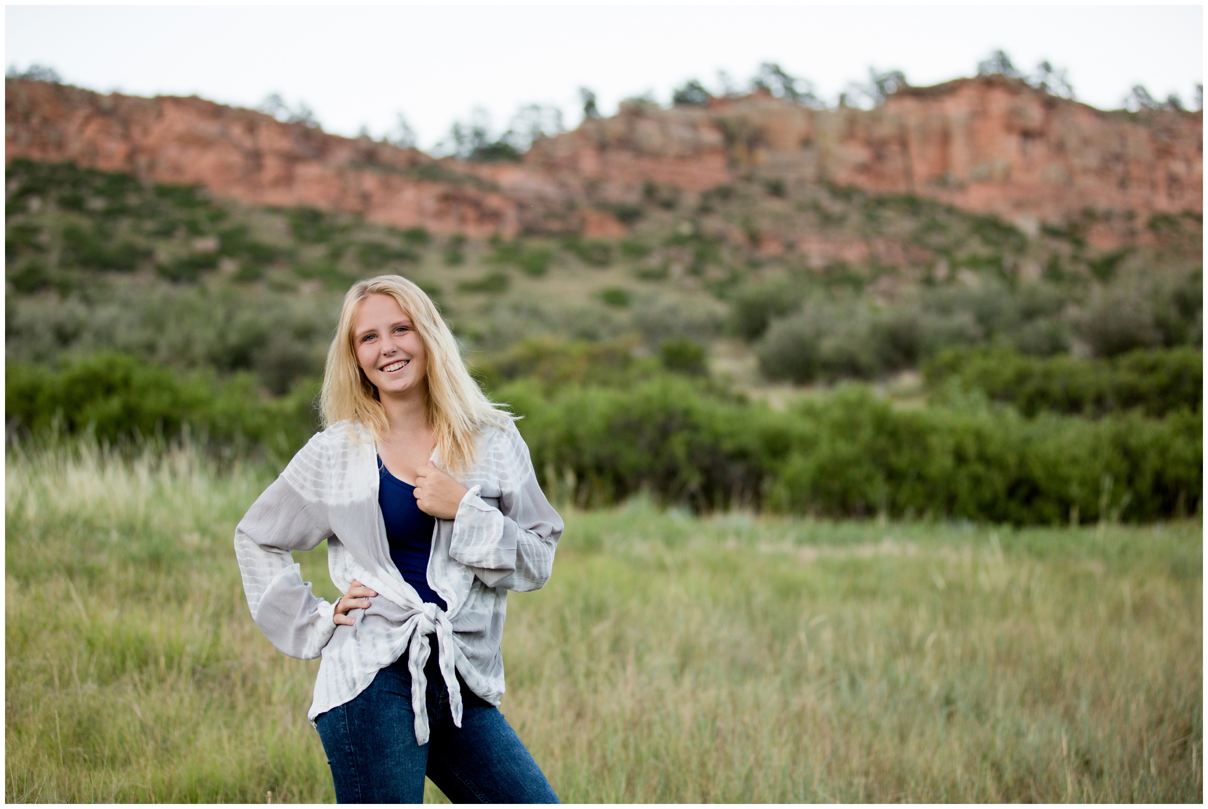 Longmont senior pictures with red rock formations in background at Hall Ranch Open Space Lyons Colorado