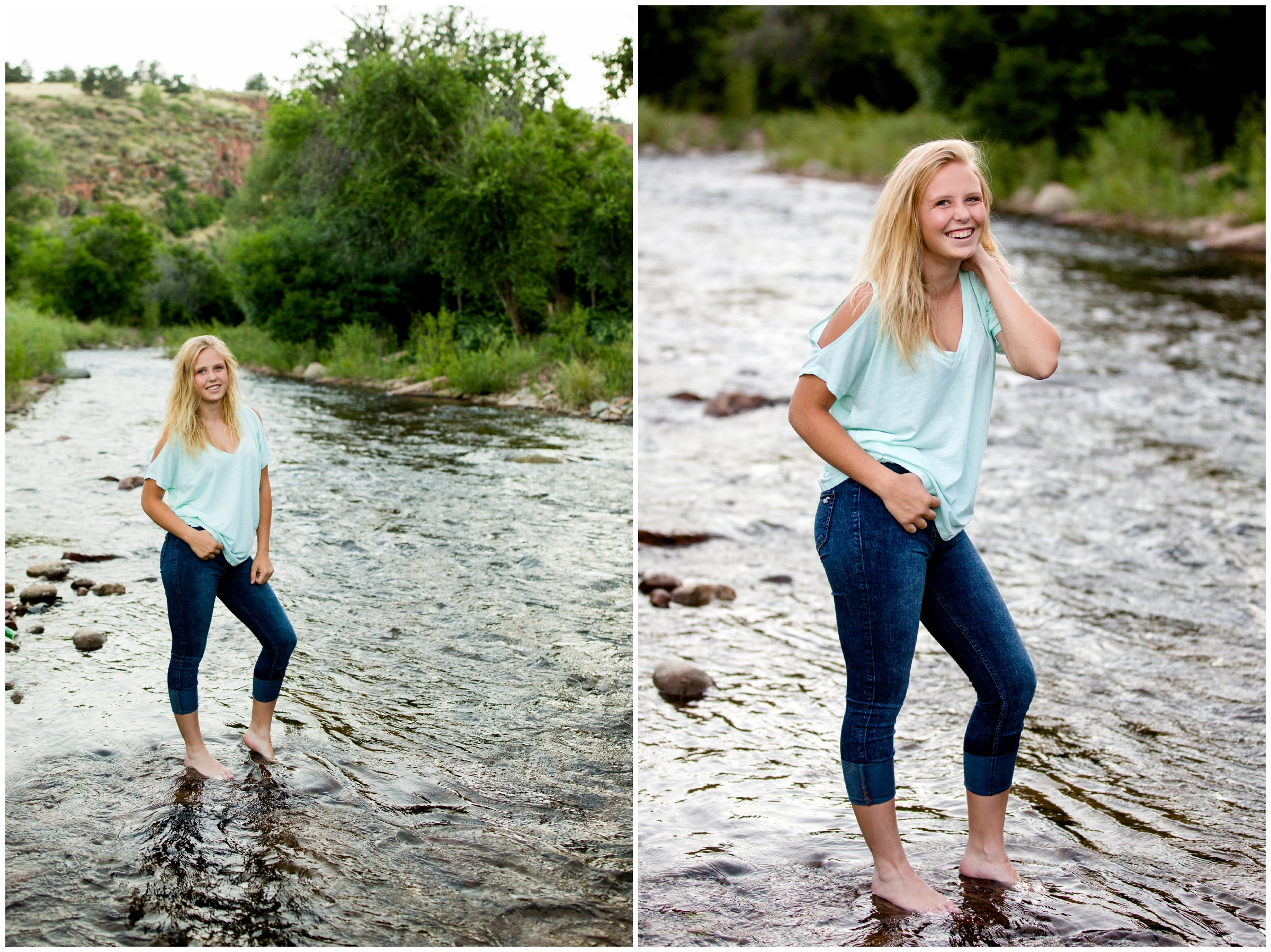girl standing in stream during Lyons Colorado senior pictures 