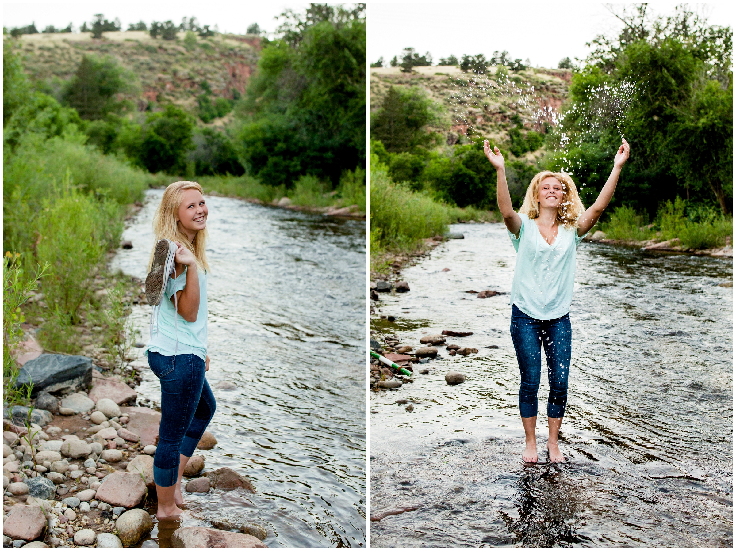 girl playing in river during Longmont portrait session