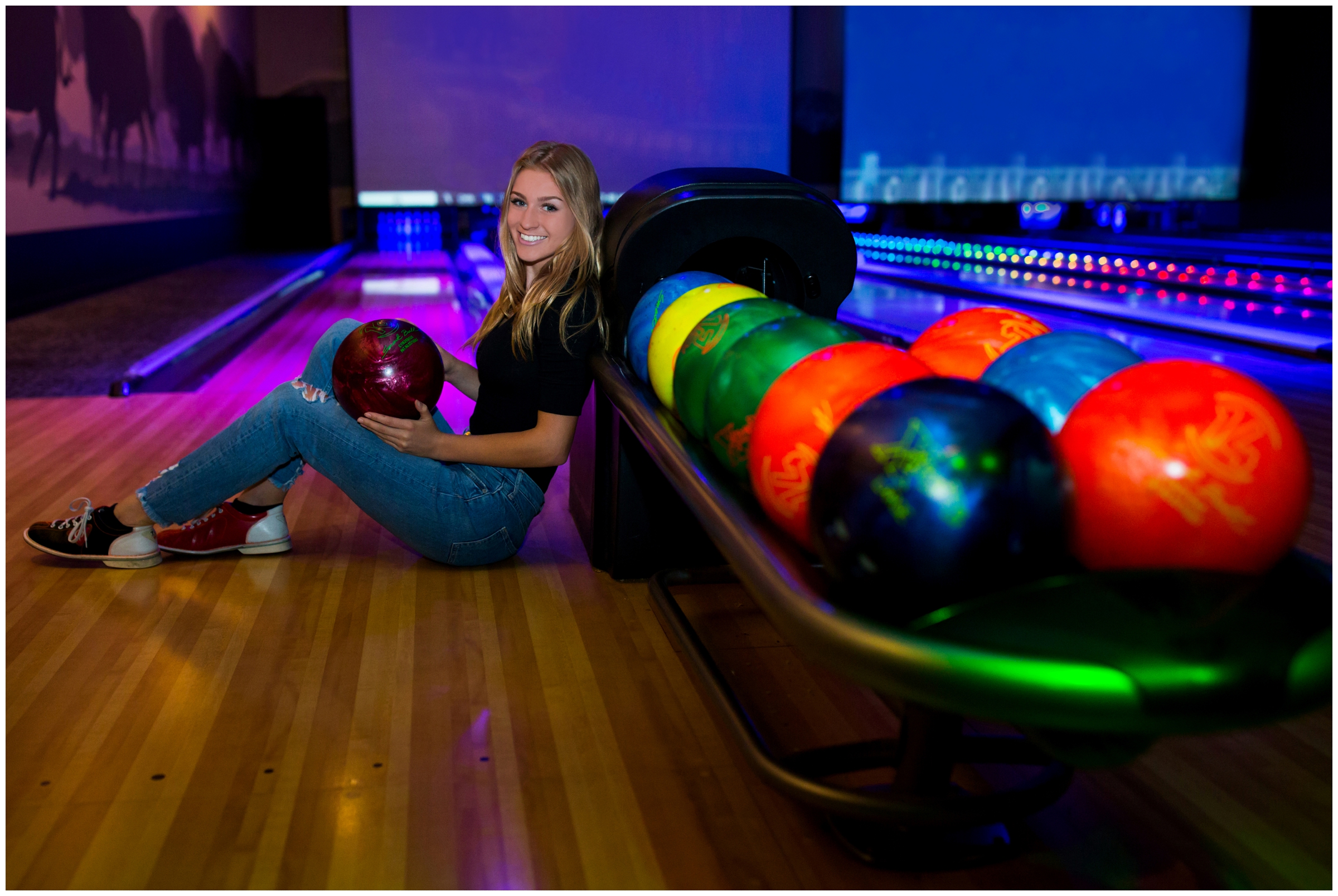 themed senior photos at Longmont Colorado bowling alley 