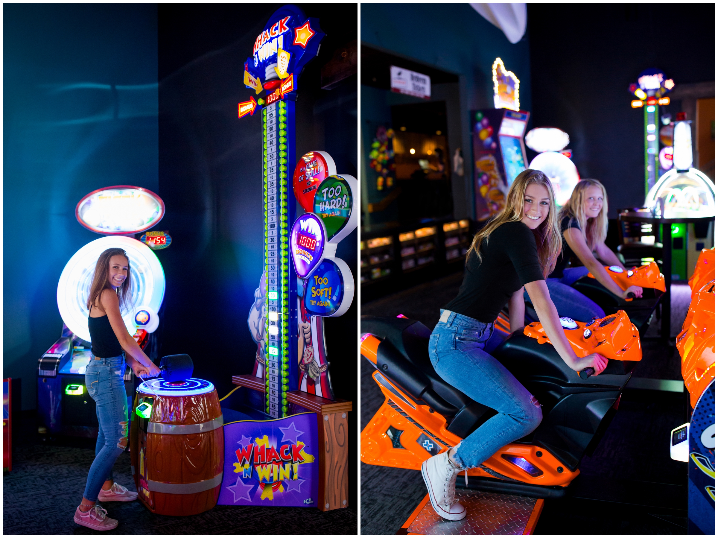 girl playing arcade games during themed Colorado senior photography session 