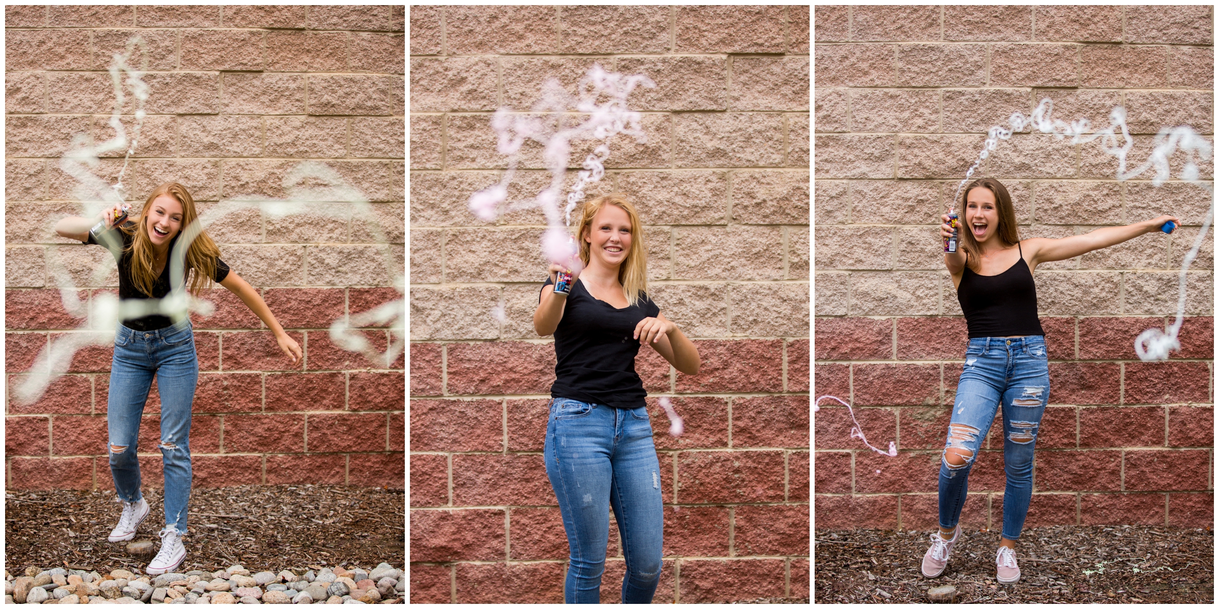 Bowling and silly string group senior pictures by award-winning Colorado senior photographers Plum Pretty Photography. Longmont portrait photographer.
