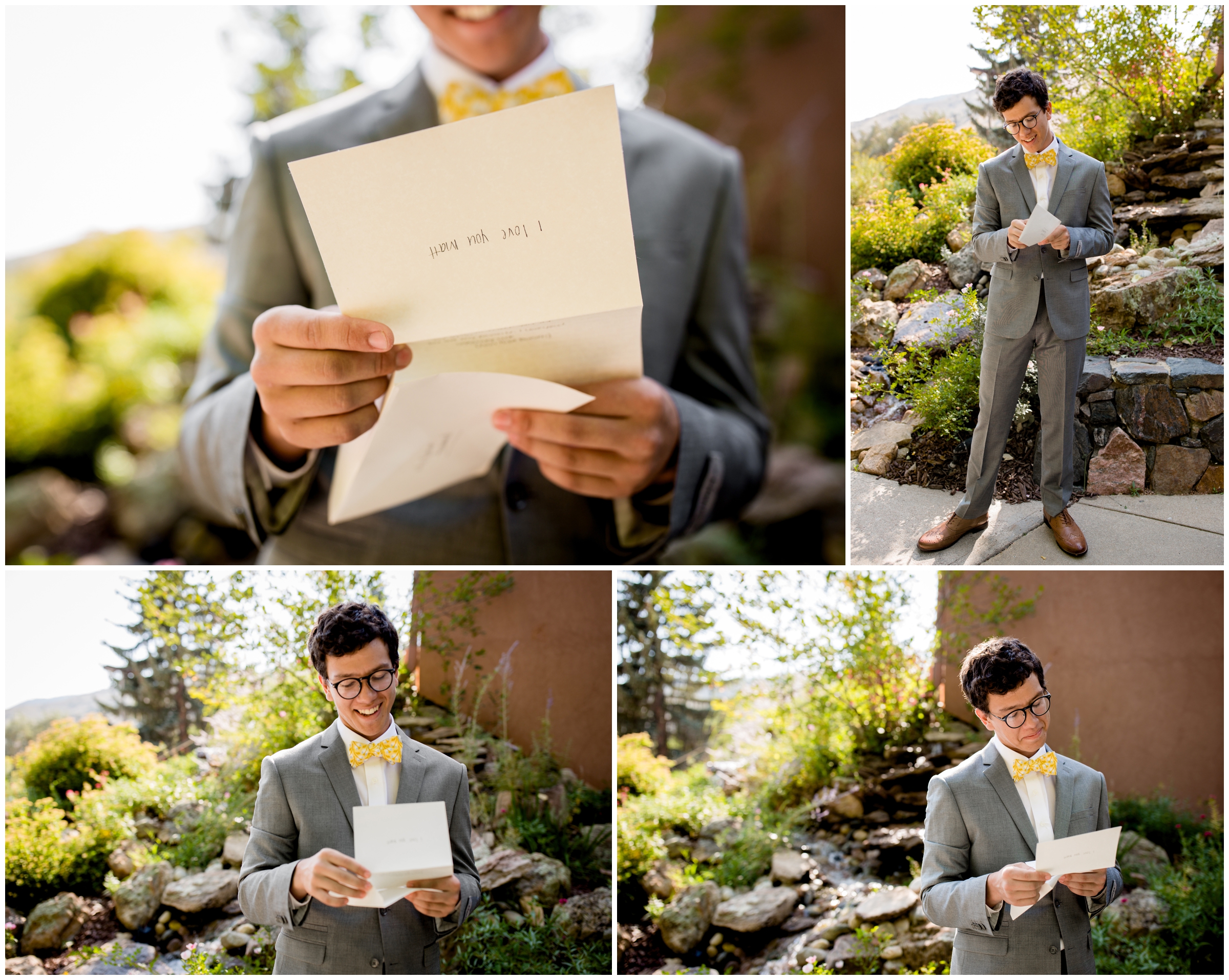 groom reading letter from bride at Red Rocks Chapel Colorado wedding 