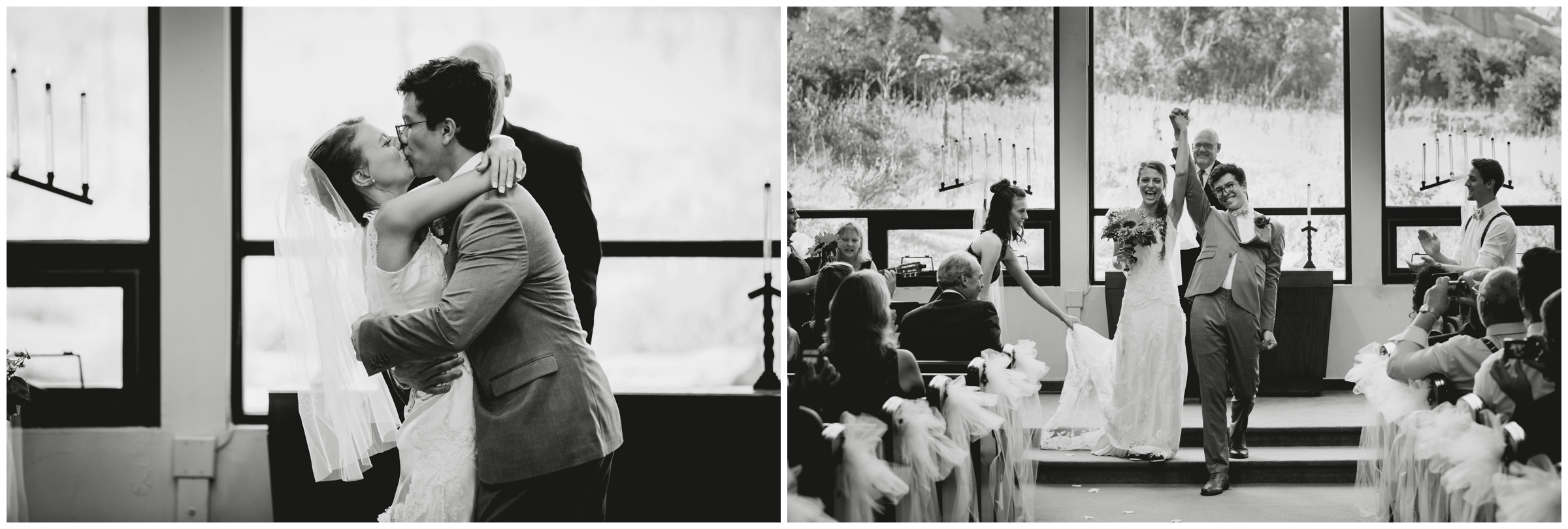 first kiss at Red Rocks Chapel Colorado wedding ceremony 