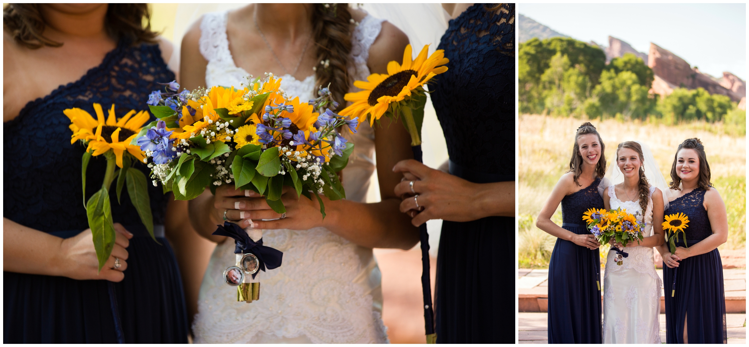 bridesmaids with sunflower bouquets at Red Rocks Chapel Colorado wedding 