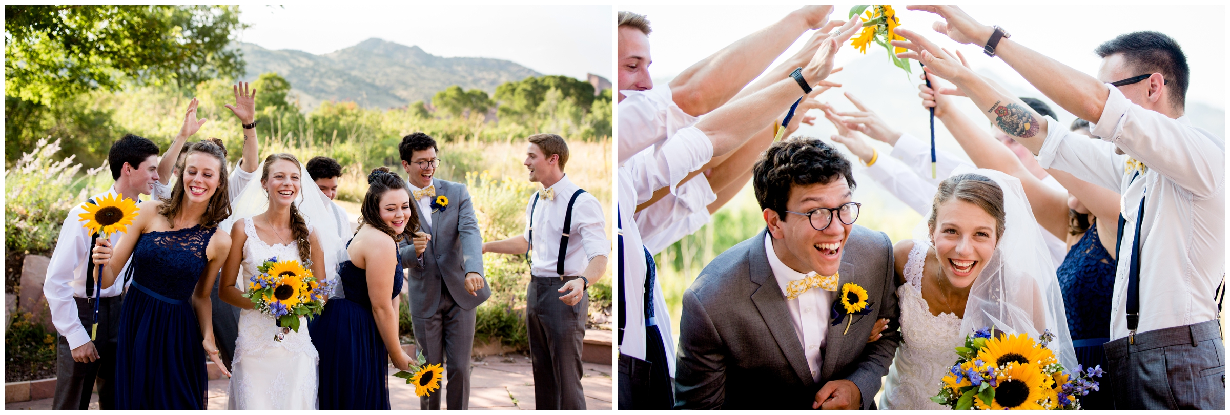 gray and yellow wedding party portraits at Red Rocks Chapel Colorado wedding
