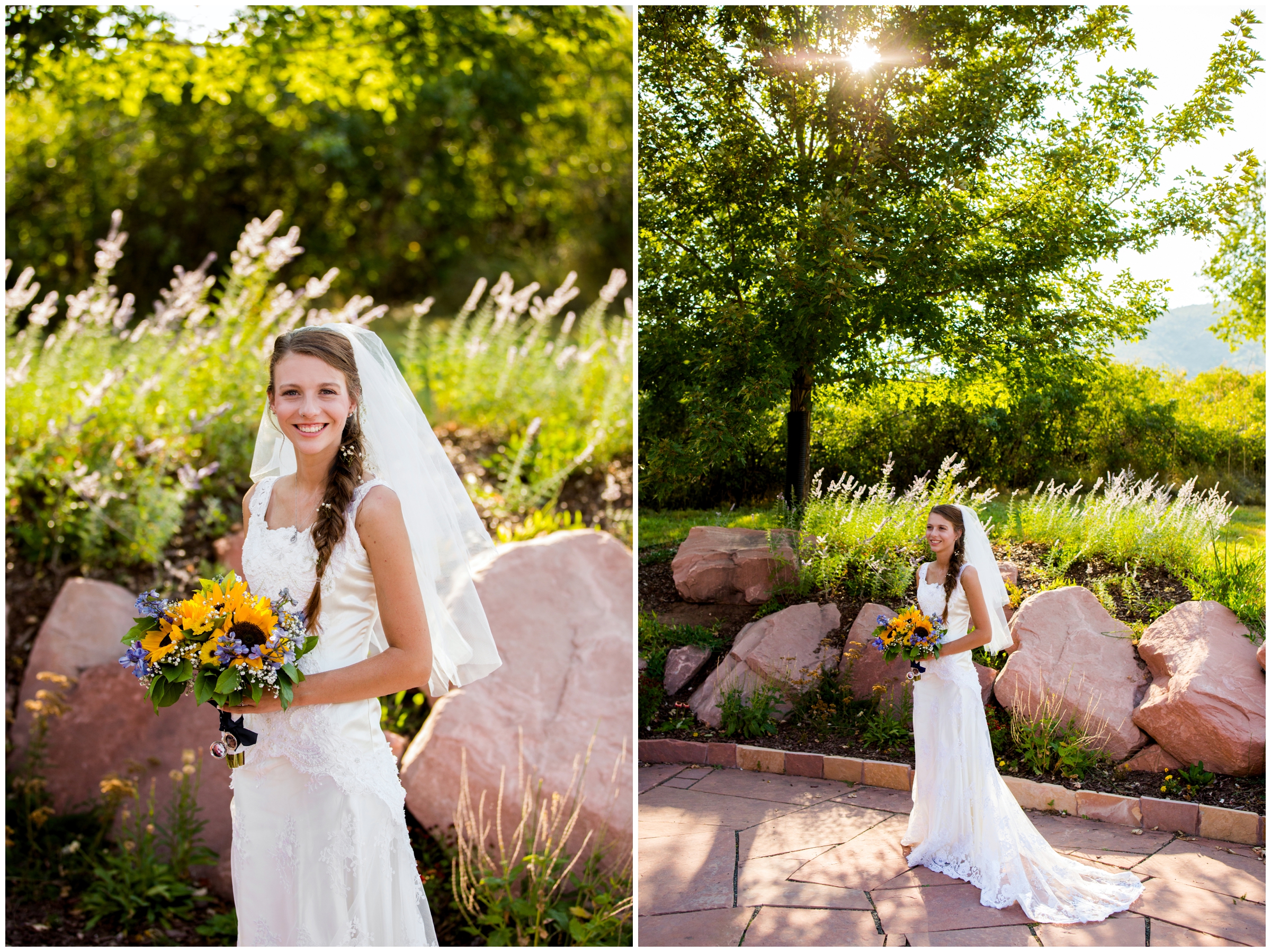 Red Rocks Chapel Colorado bride with sunflower bouquet 