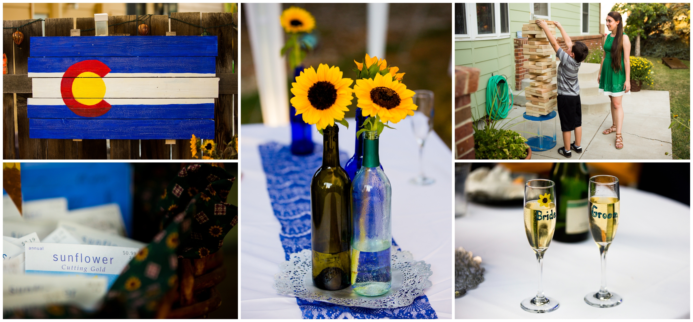 DIY wedding sunflower centerpieces at Colorado backyard wedding 