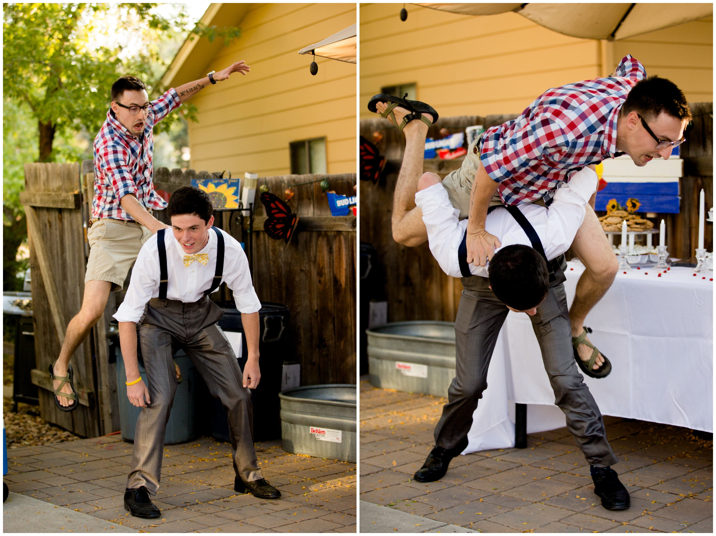 groomsman jumping on someones back at Colorado backyard wedding reception 