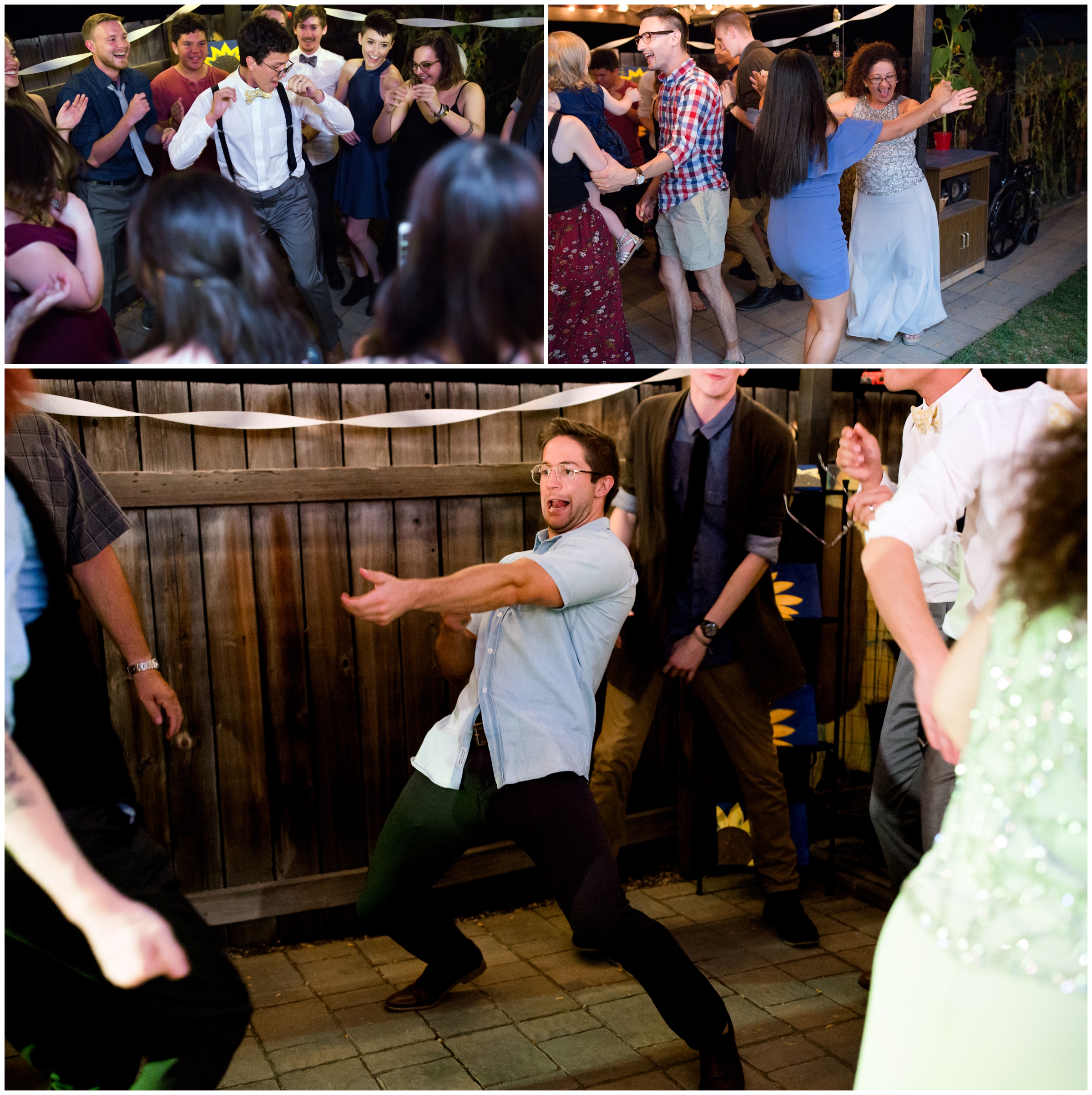 guests dancing at CO backyard wedding reception 