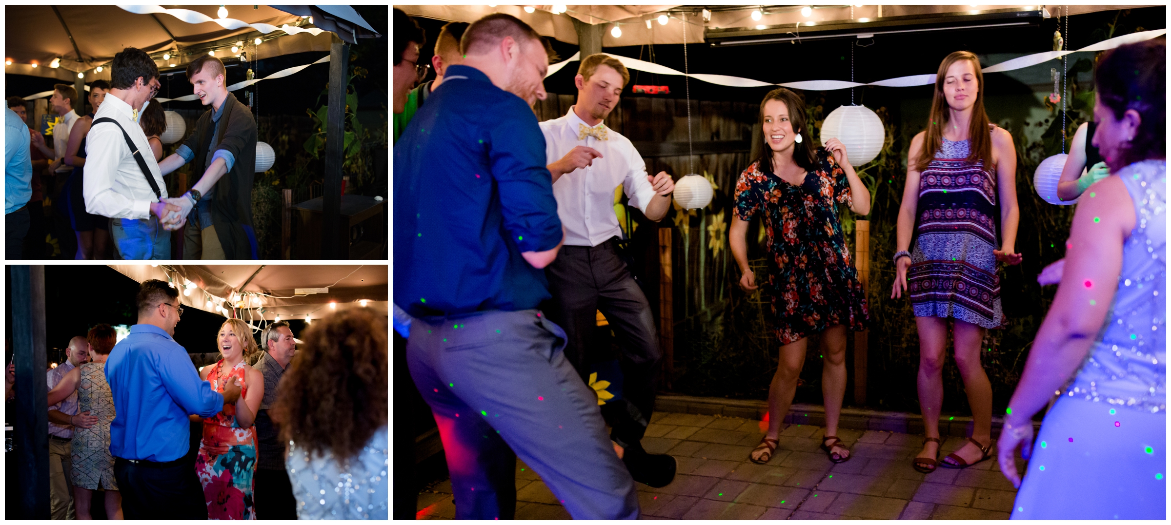 guests dancing at simple backyard reception in Golden Colorado