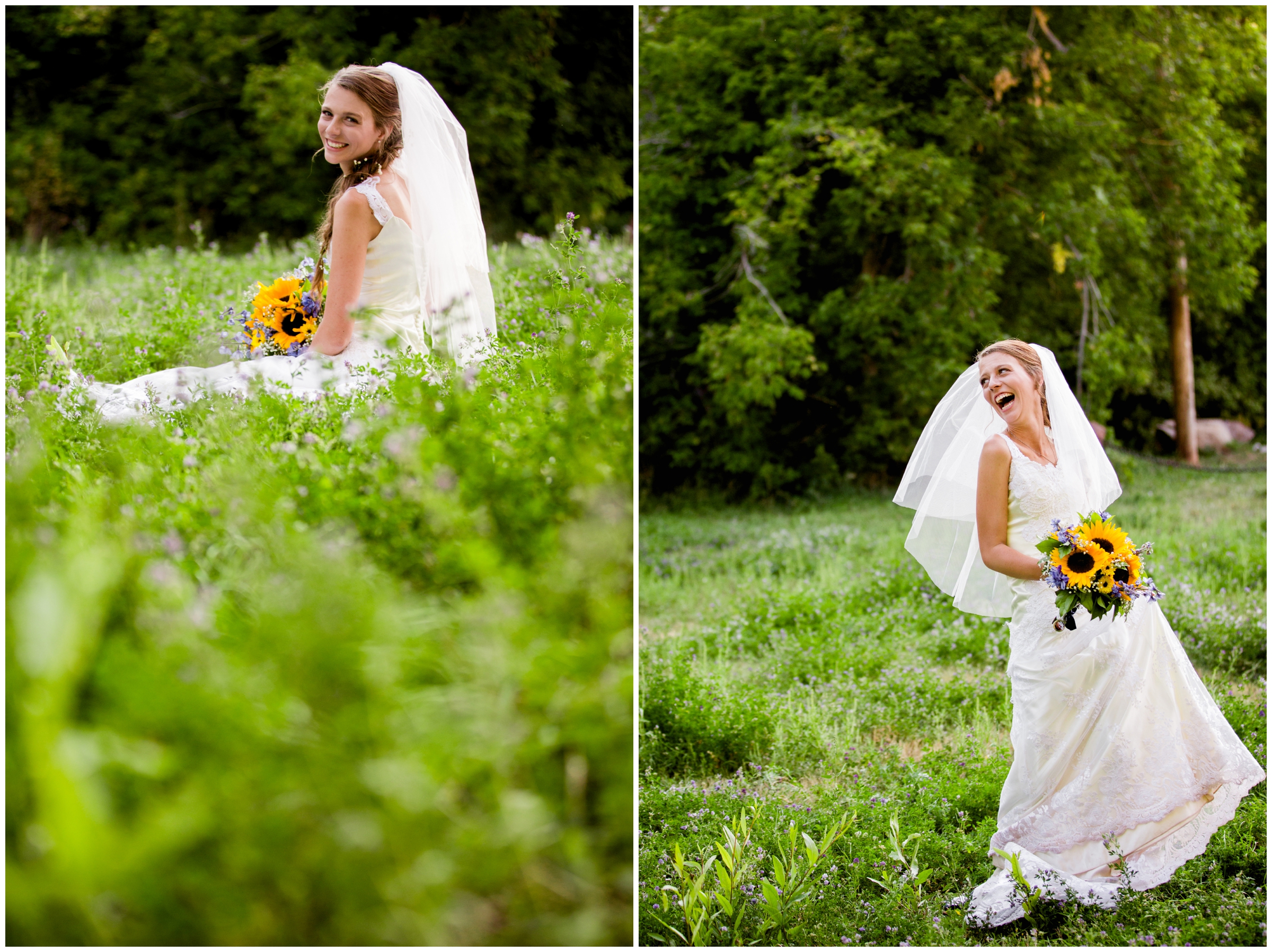Colorado bride sitting in wildflowers during Golden CO wedding pictures