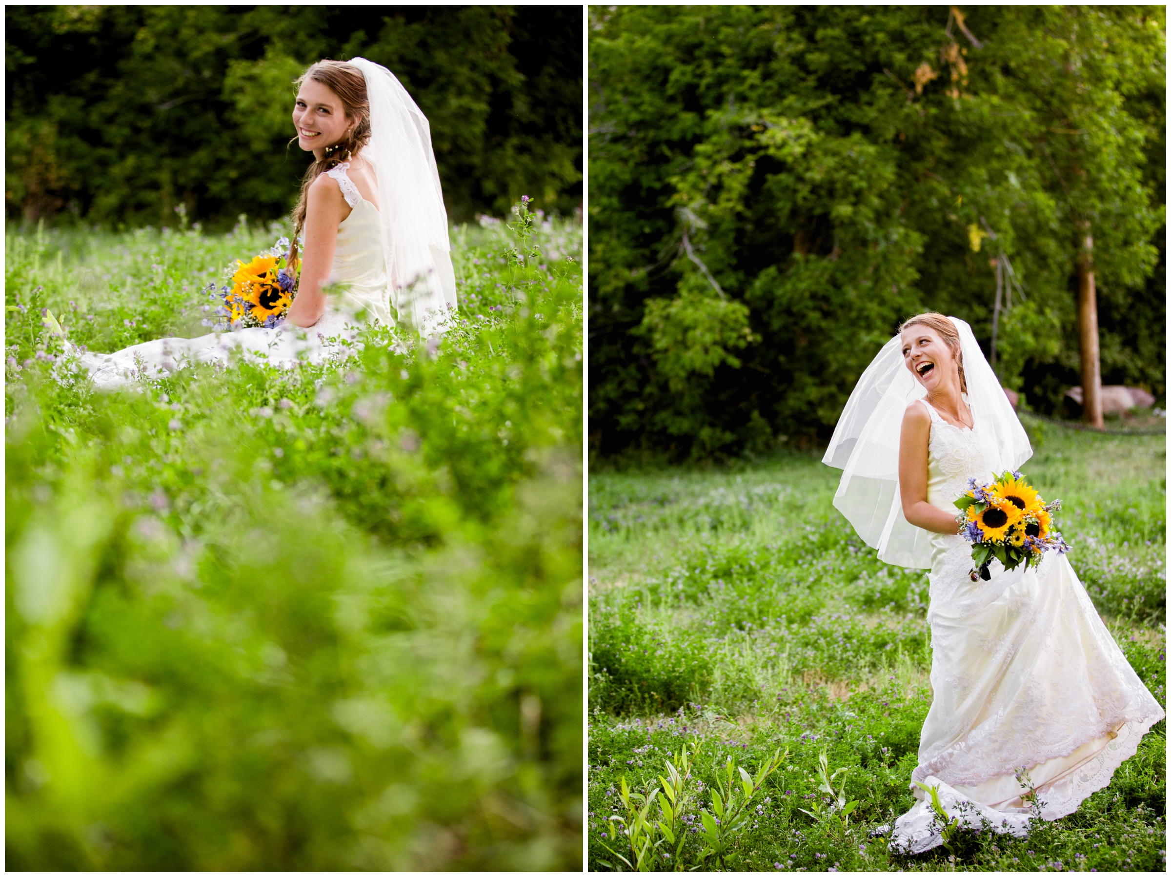 Colorado bride sitting in wildflowers during Golden CO wedding pictures 