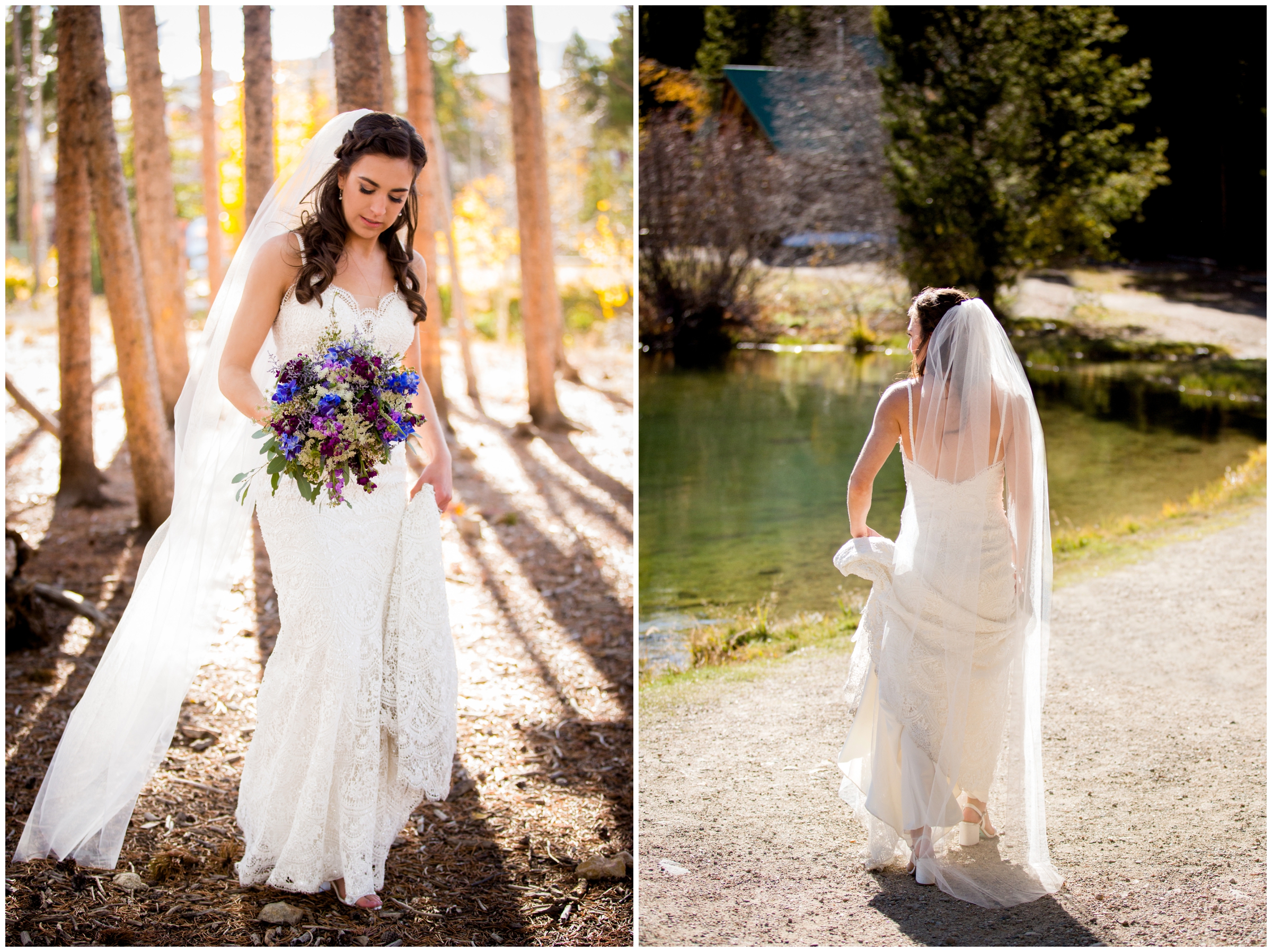 bride walking at Sawmill Reservoir Breckenridge Colorado wedding pictures 