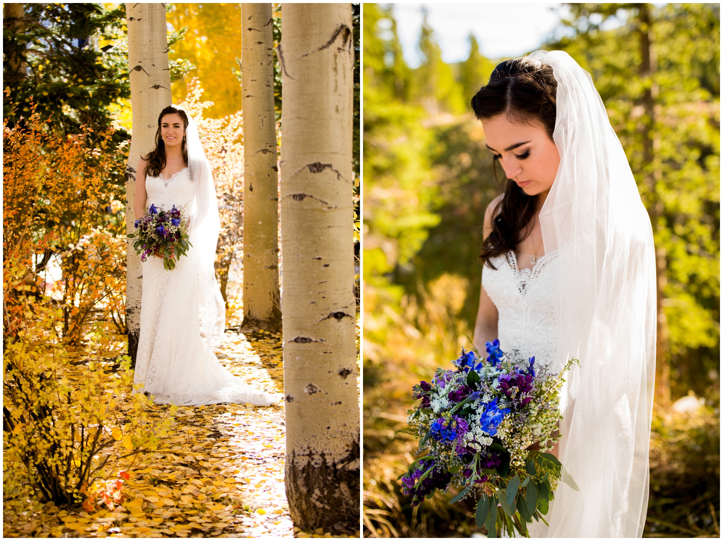 bride standing in aspen grove at Breckenridge Colorado fall wedding 