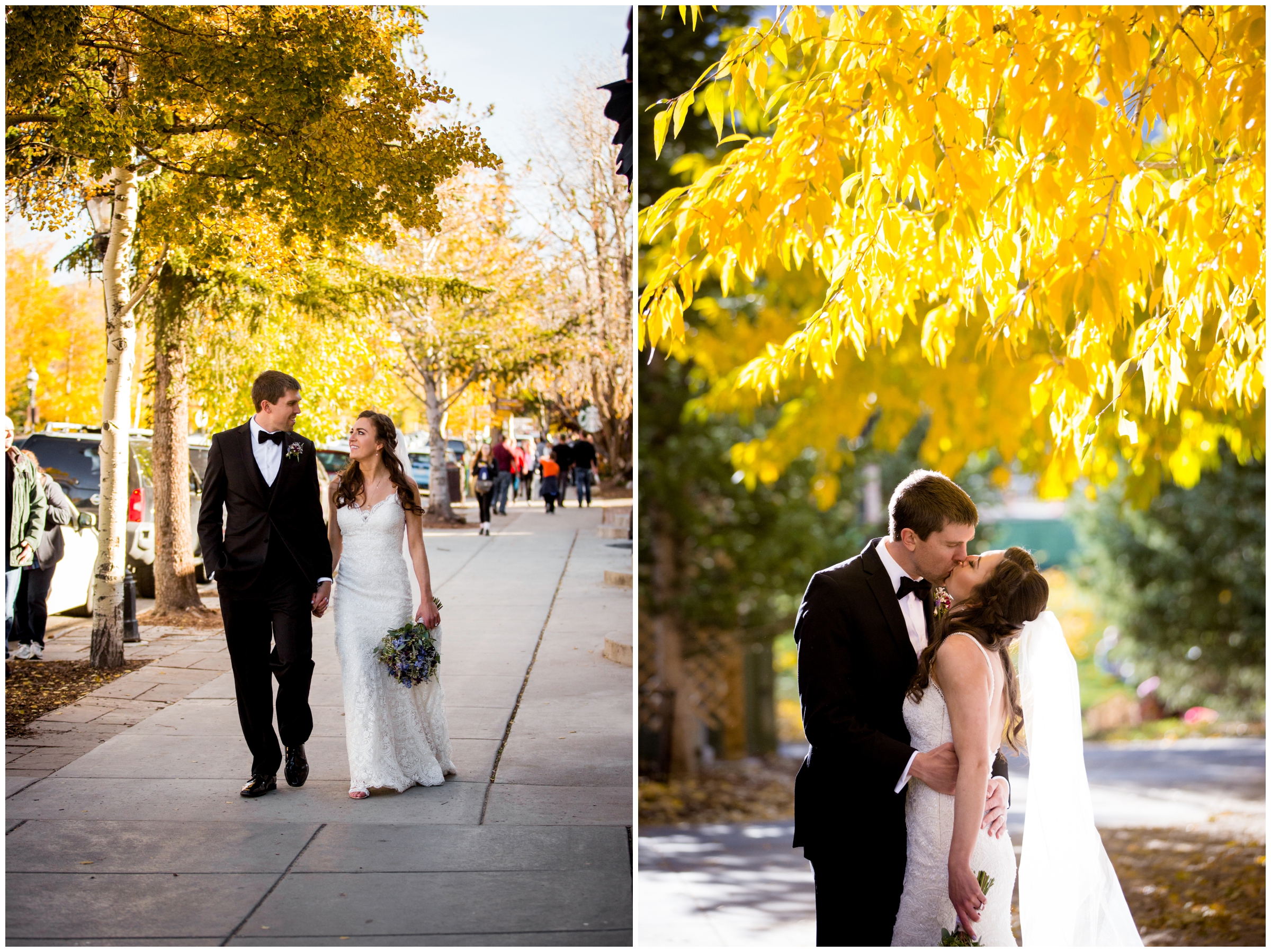couple walking down street of downtown breckenridge during Colorado fall wedding pictures