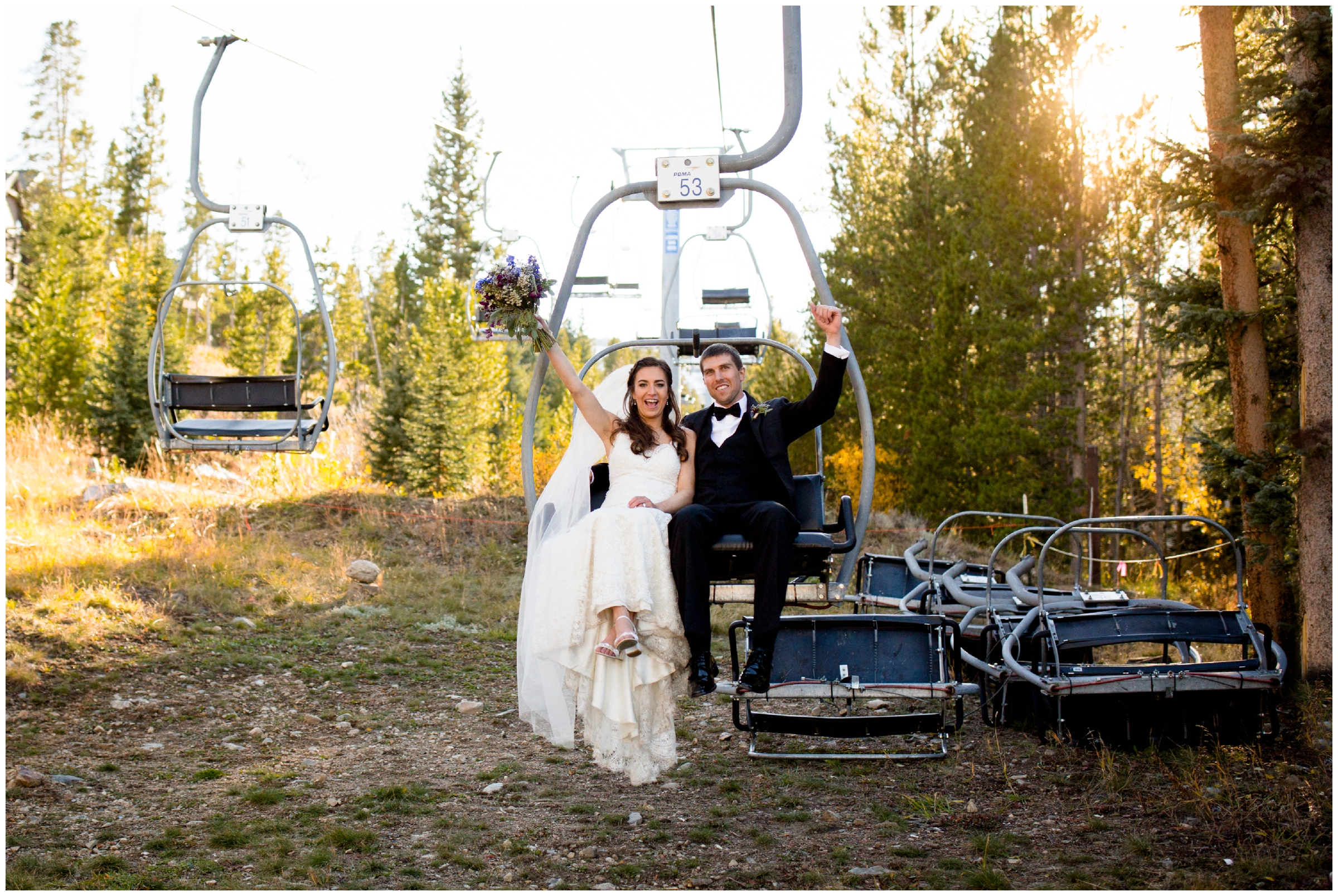couple riding on chairlift after Breckenridge Colorado wedding 