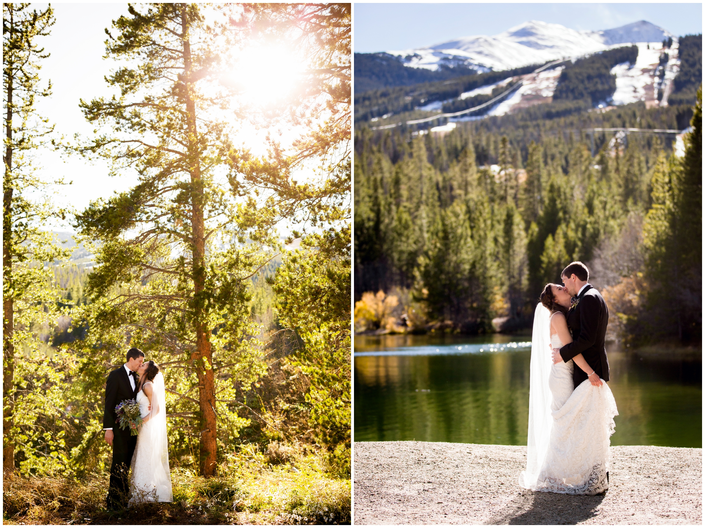 couple kissing with mountains in background at Sawmill reservoir Breckenridge wedding 