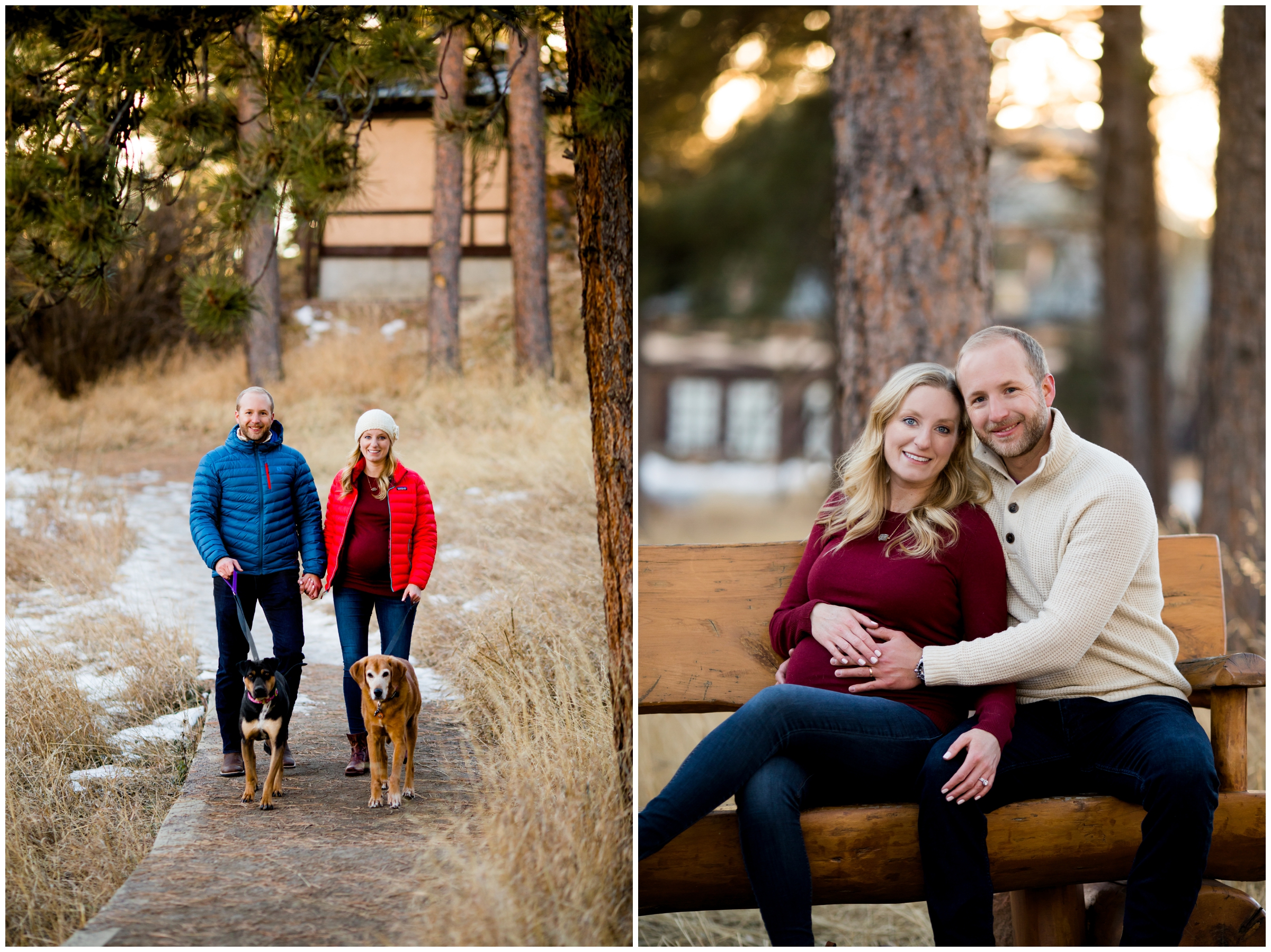 couple walking dogs during their Colorado winter maternity photography session