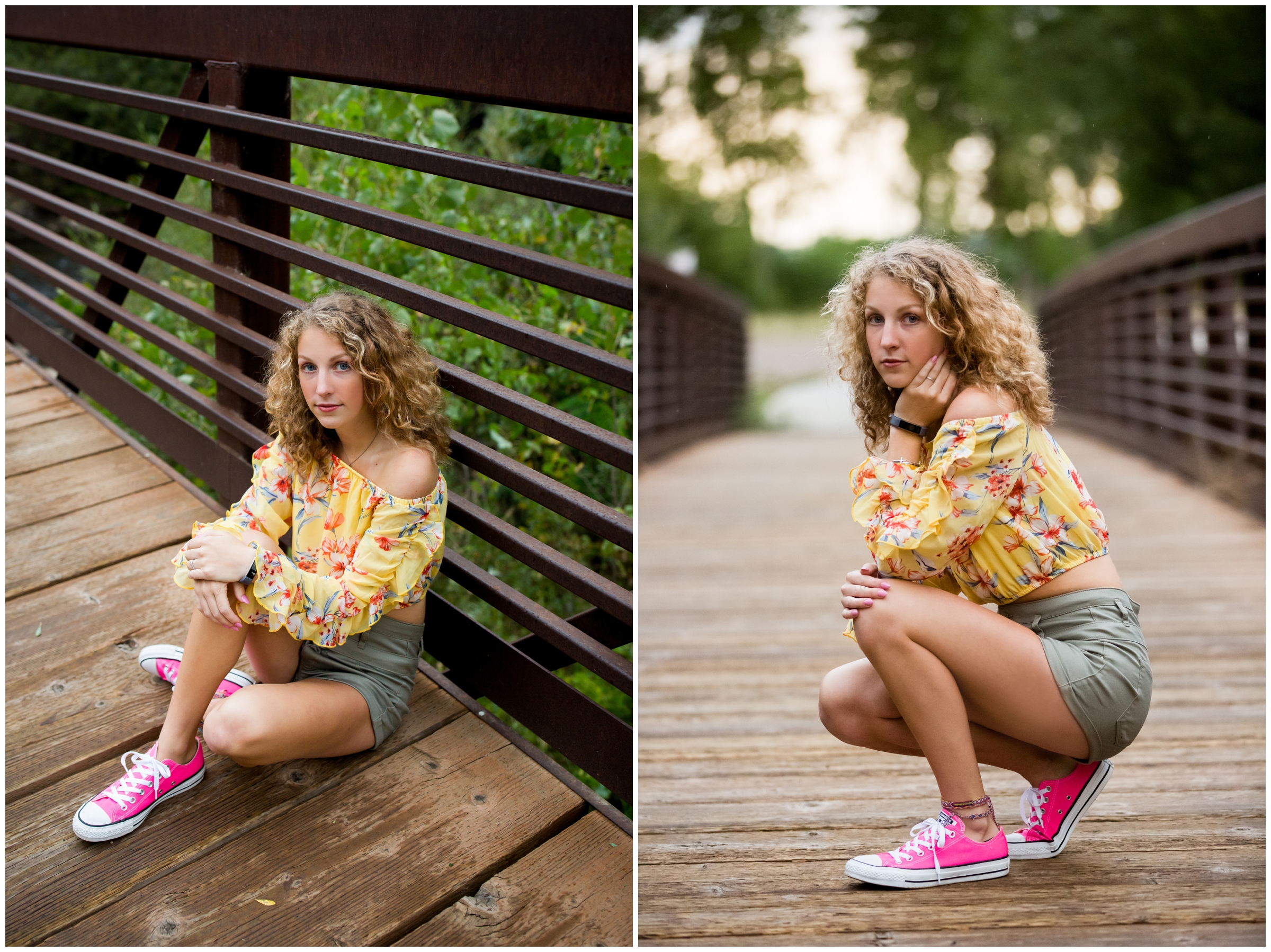 teen girl posing on bench during Longmont senior portraits by Longmont photographer Plum Pretty Photo 