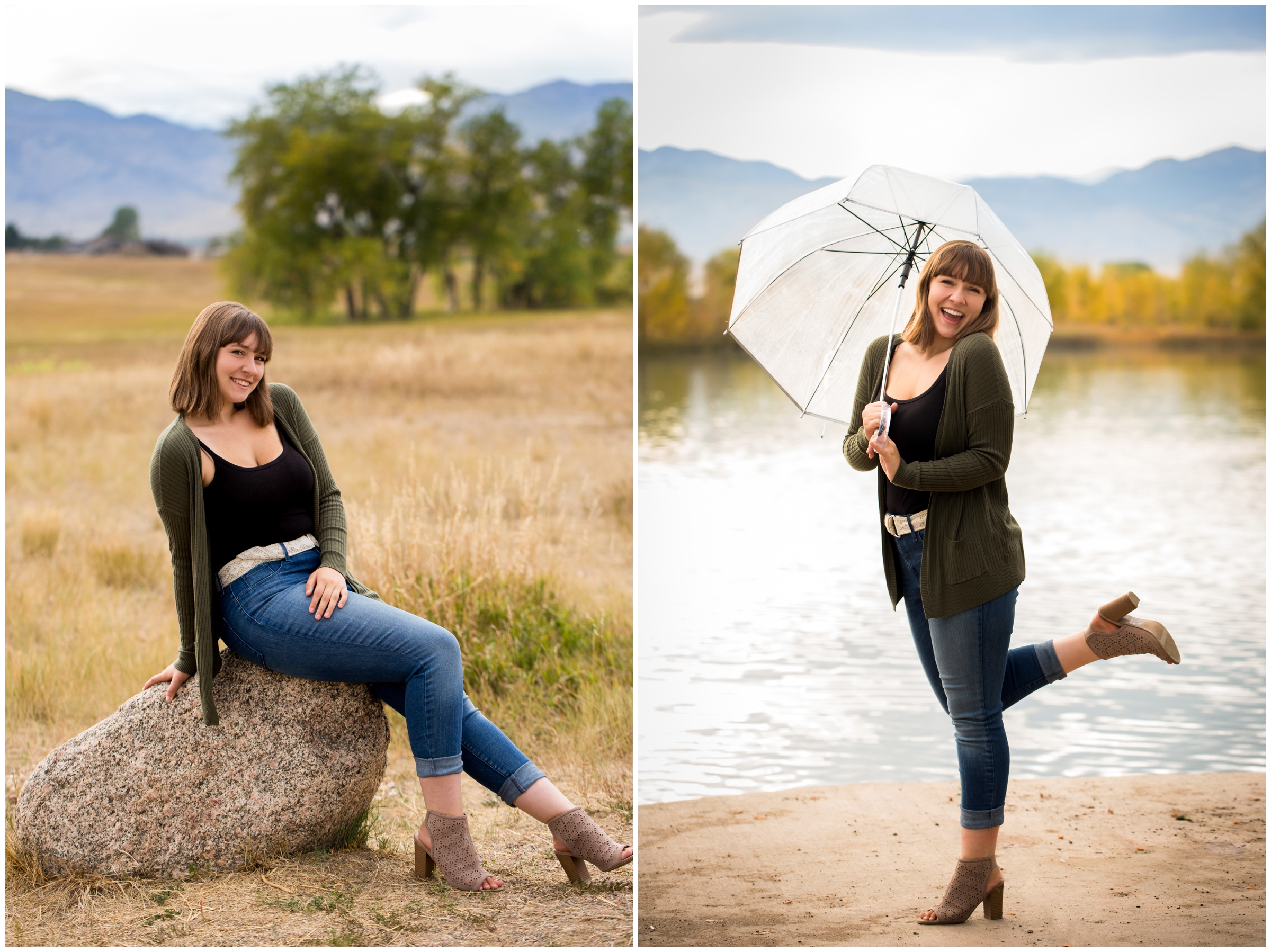 girl holding umbrella during Silver Creek Senior pictures at Coot Lake Boulder