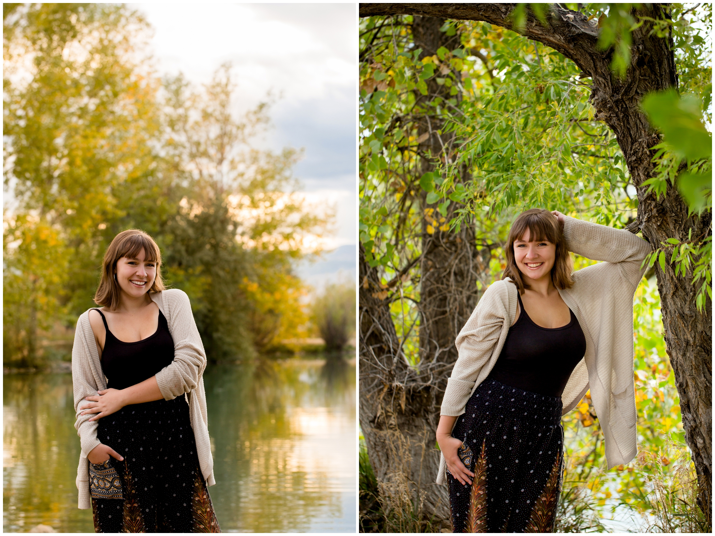 teen girl leaning against tree at Longmont senior portraits 