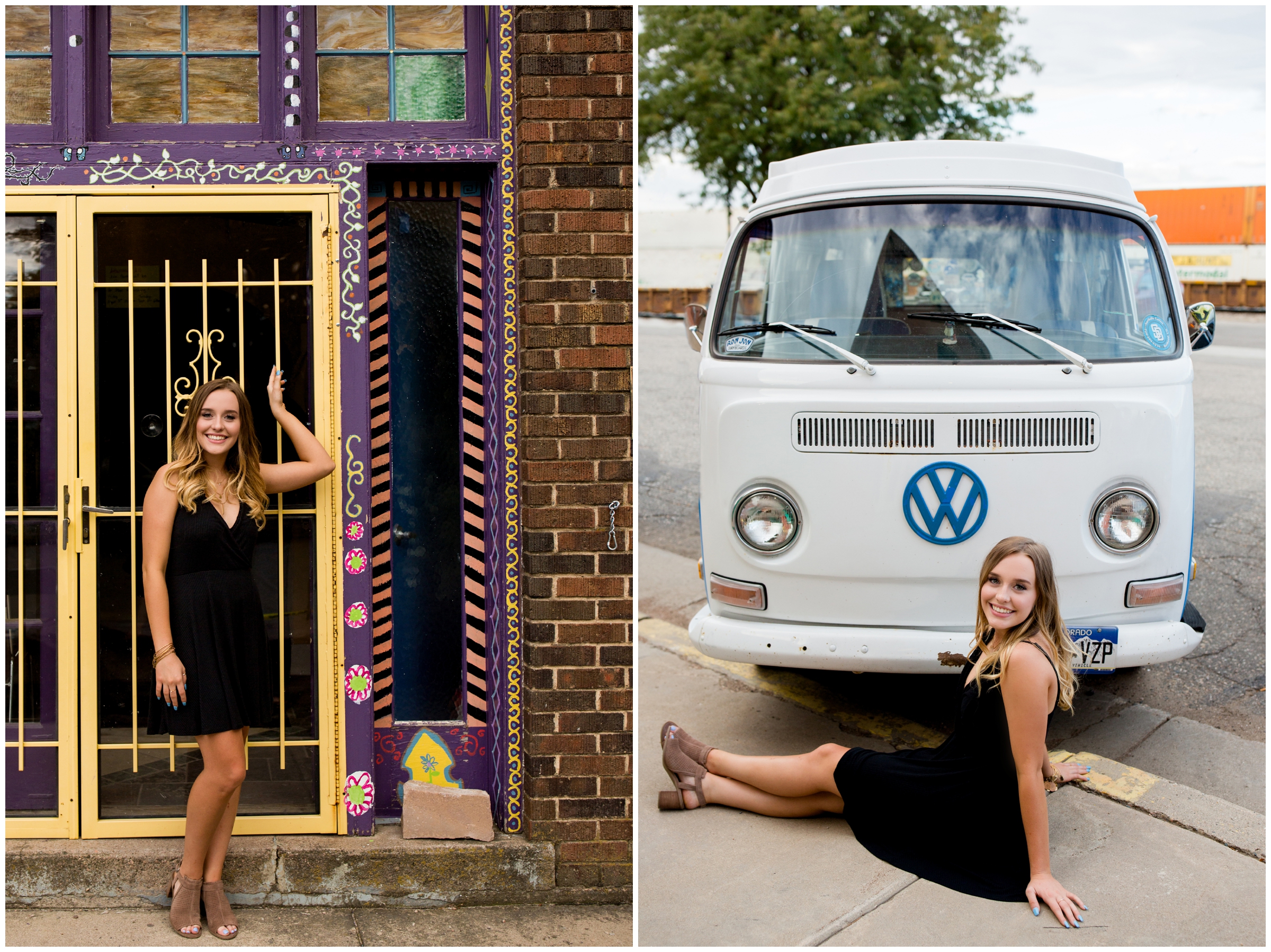 teen girl sitting in front of VW van in Colorado 