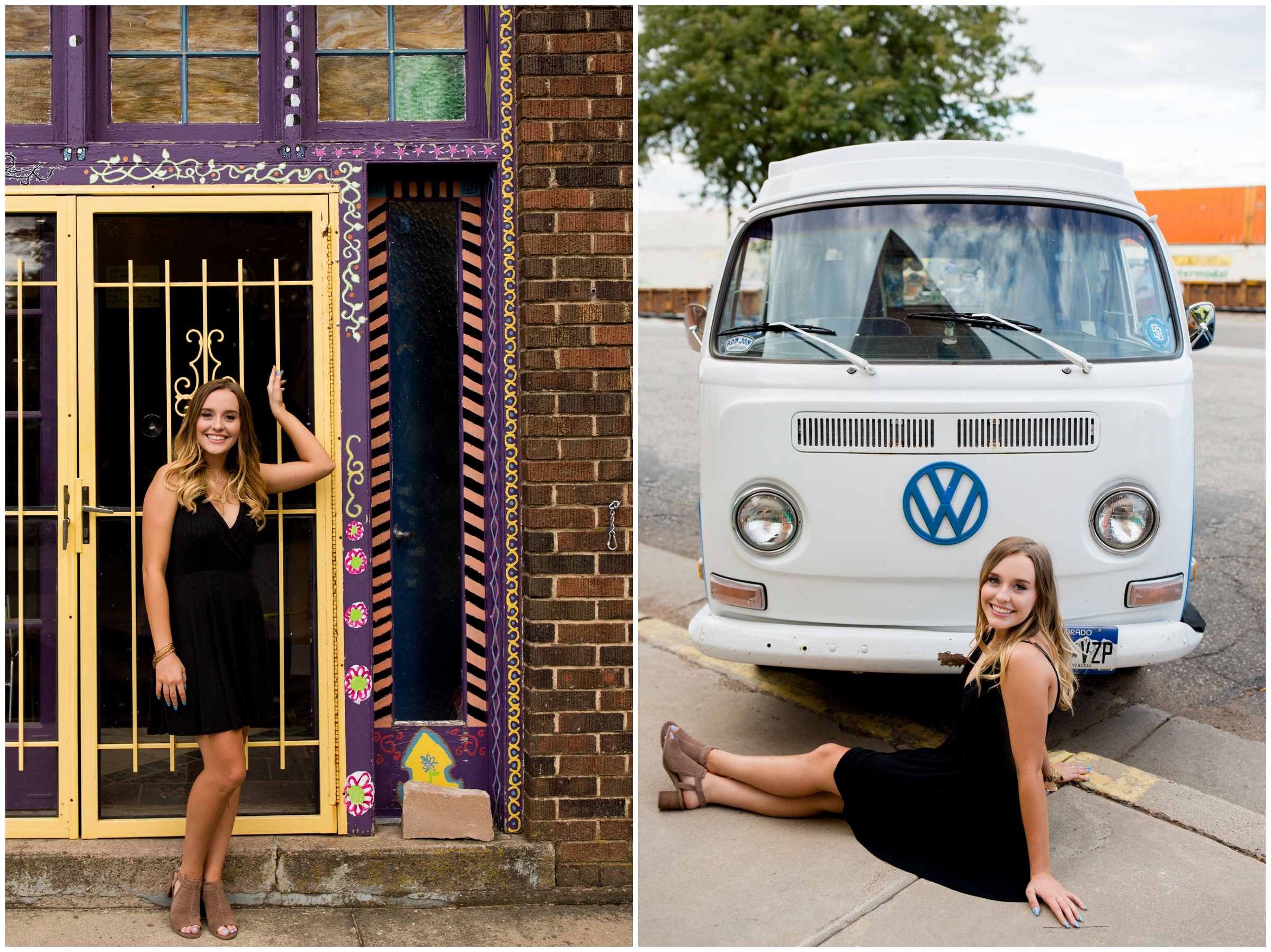teen girl sitting in front of VW van in Colorado