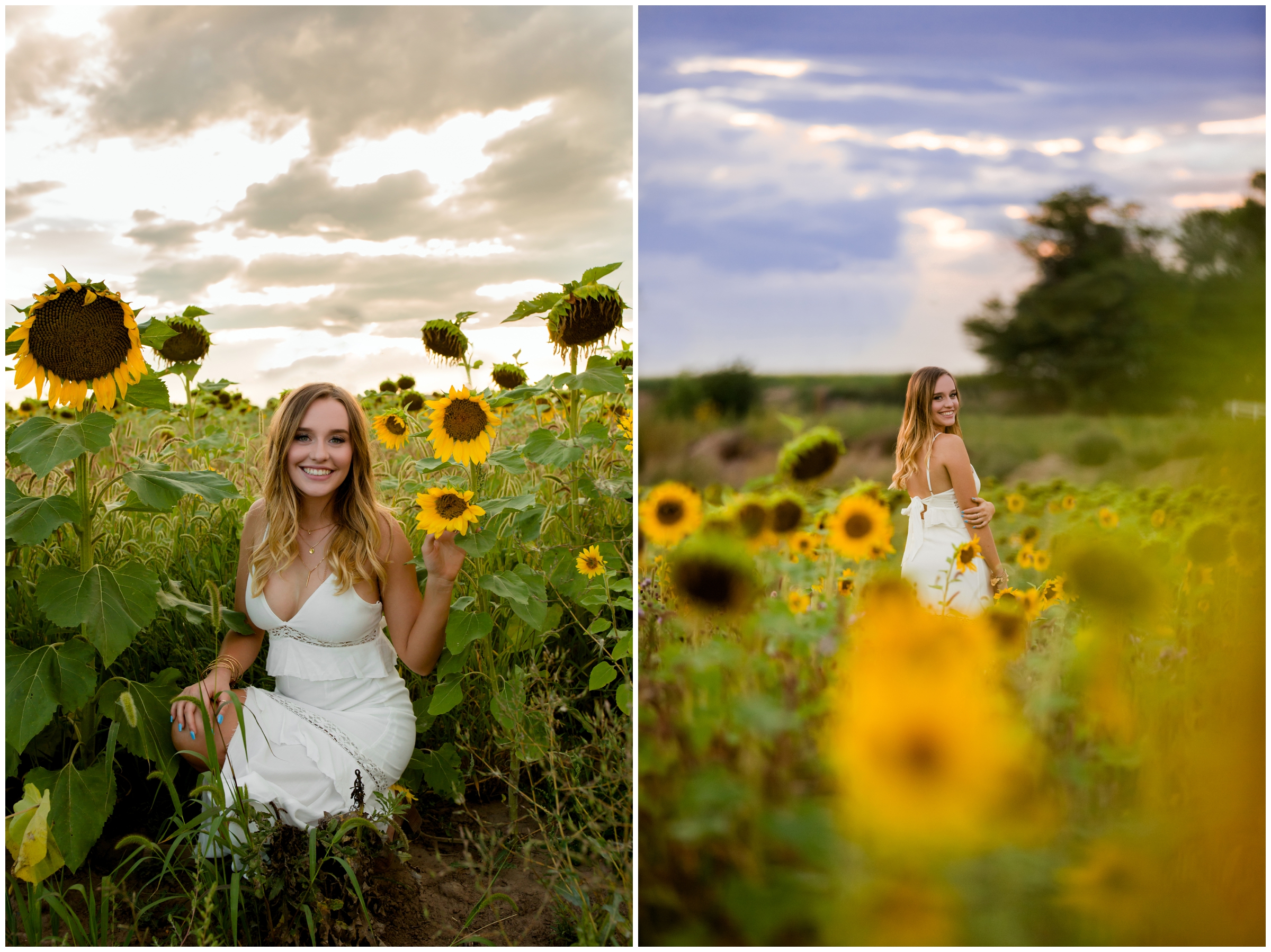 teen girl in white dress standing in sunflower field in Colorado 