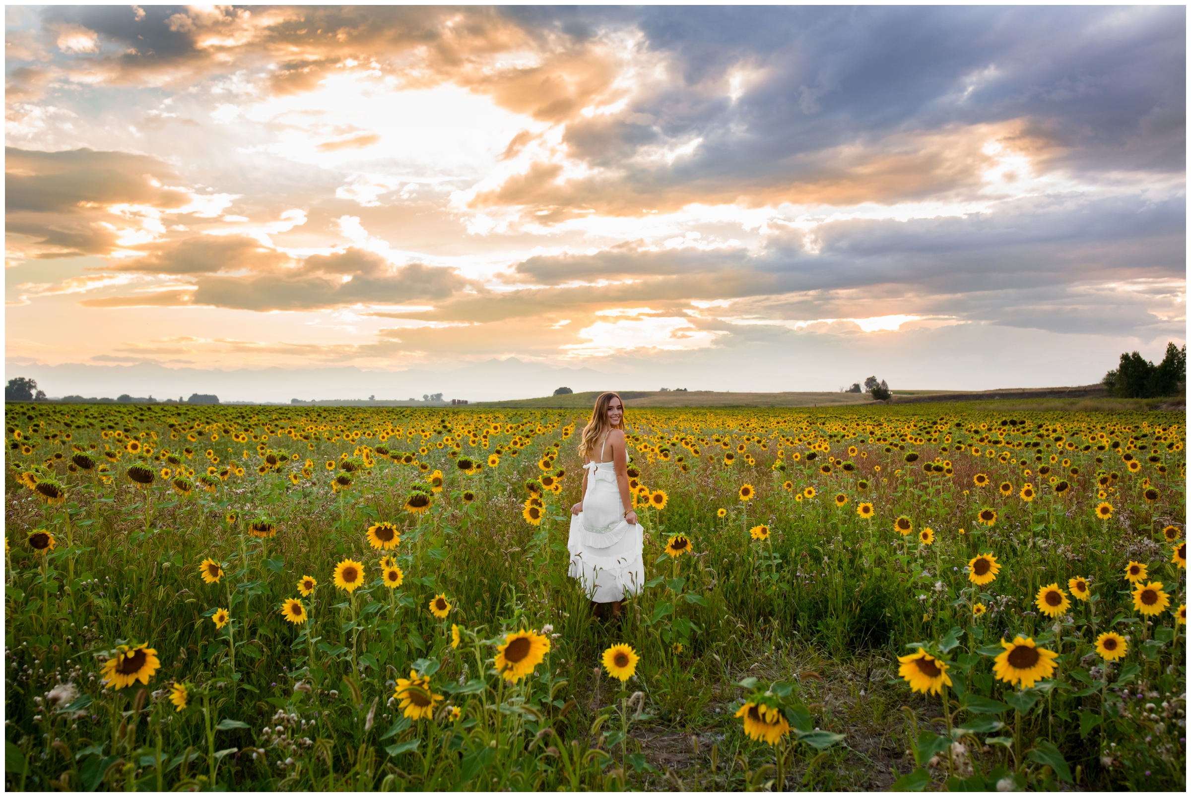 teen girl walking in Colorado sunflower field 
