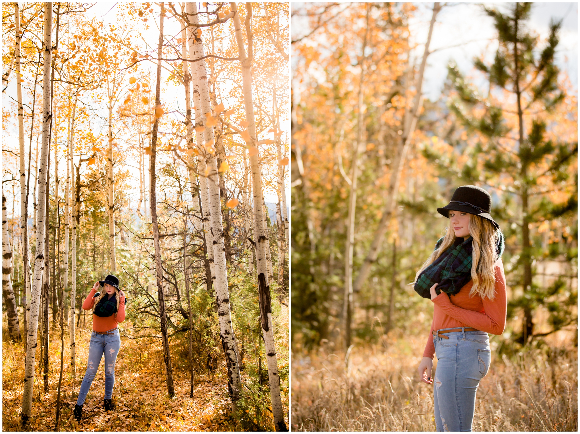 teen girl in a hat posing in aspen grove for Boulder Colorado senior photography session