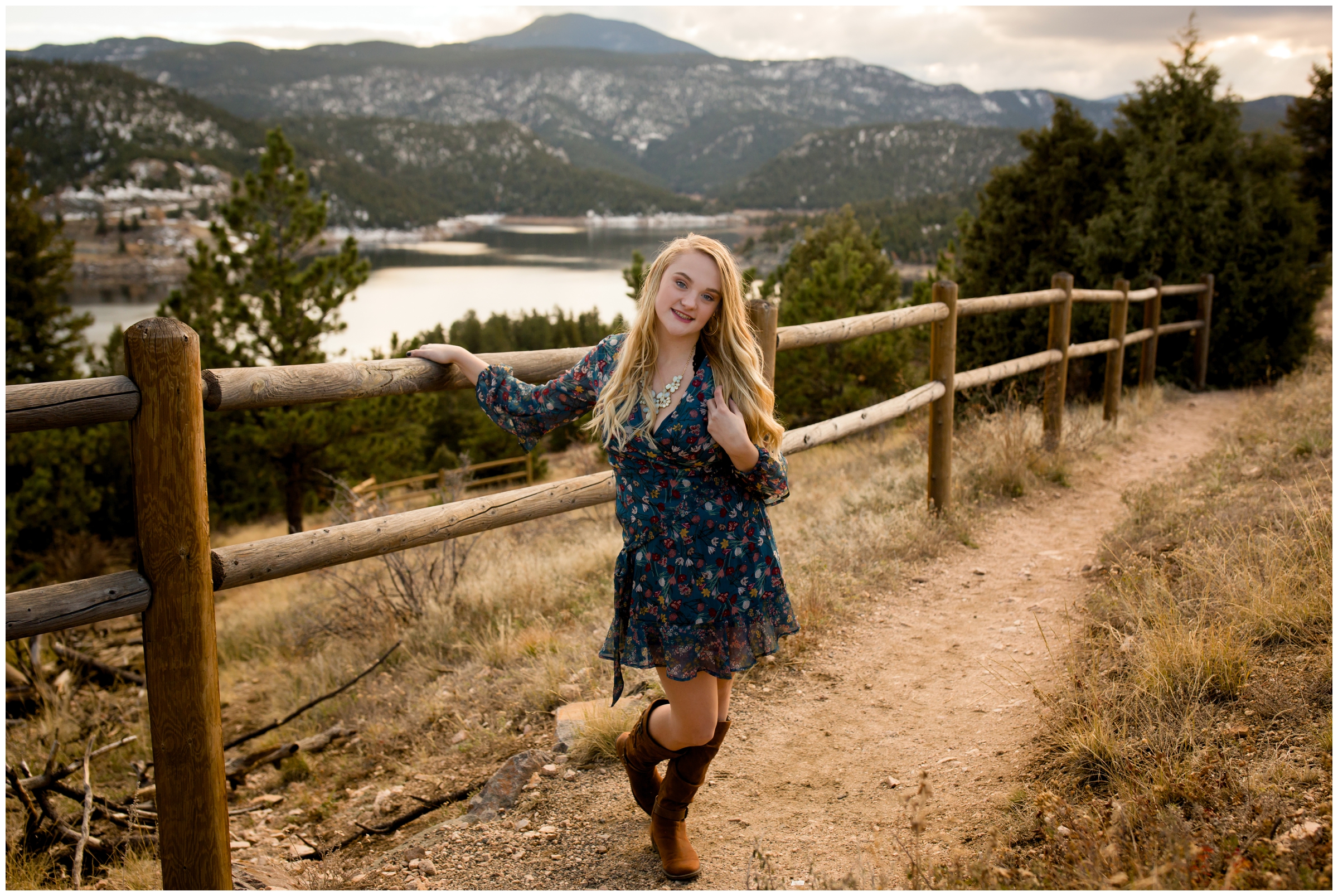 Colorado mountain senior portraits with lake and mountains in background