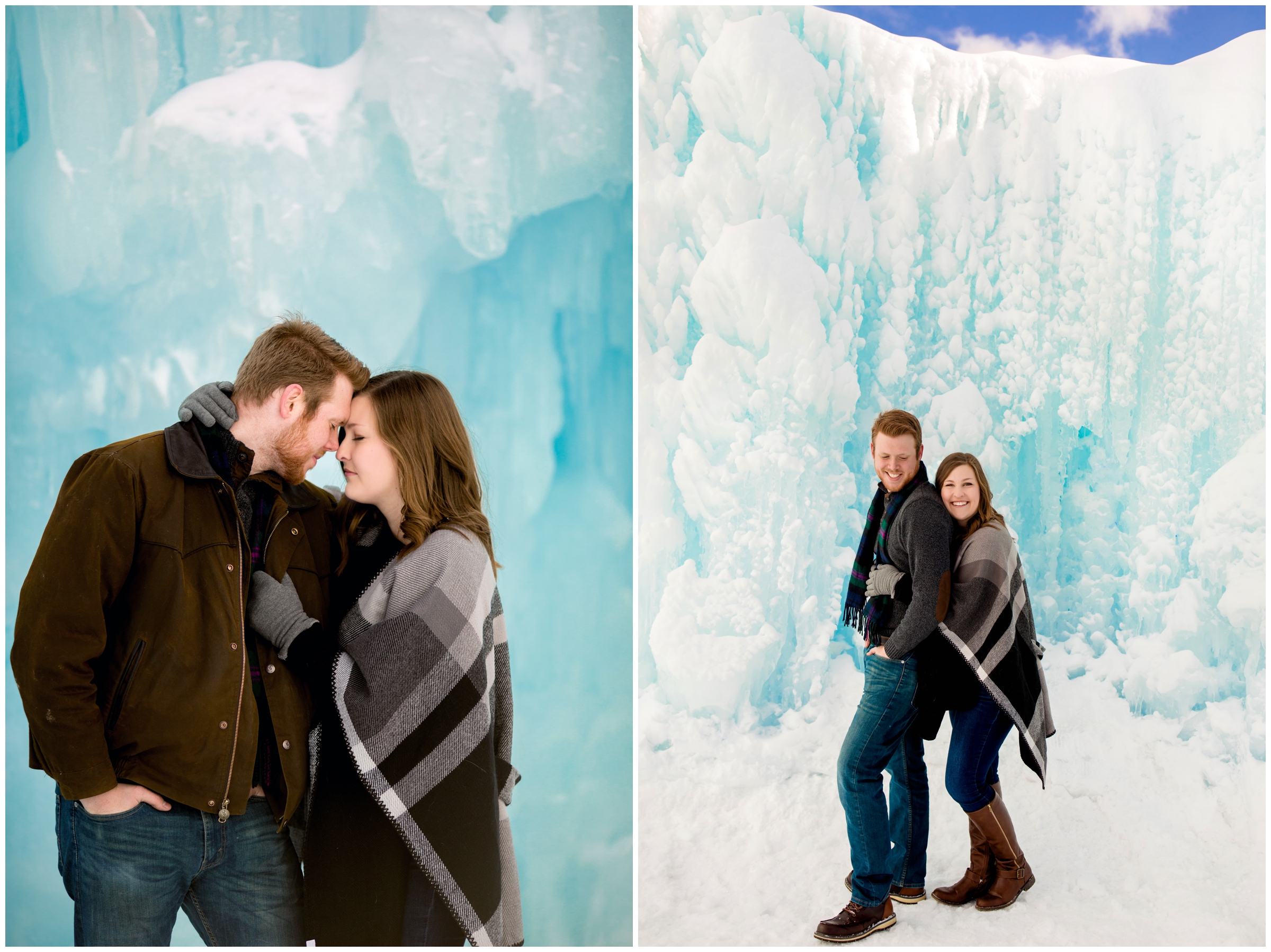 couple in winter gear posing at Dillon Colorado Ice Castles 