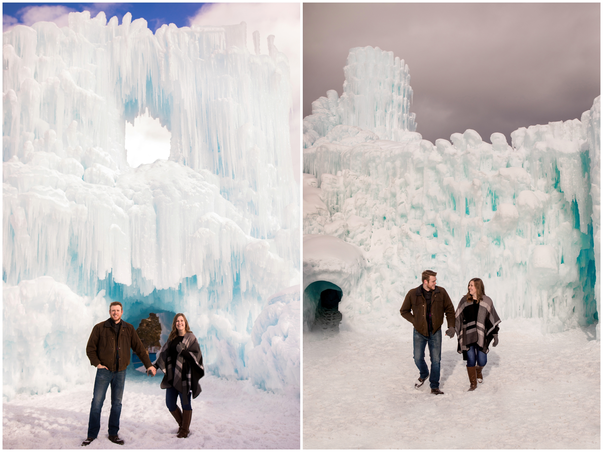 couple walking with ice castles in background at Colorado mountain winter engagement photography session