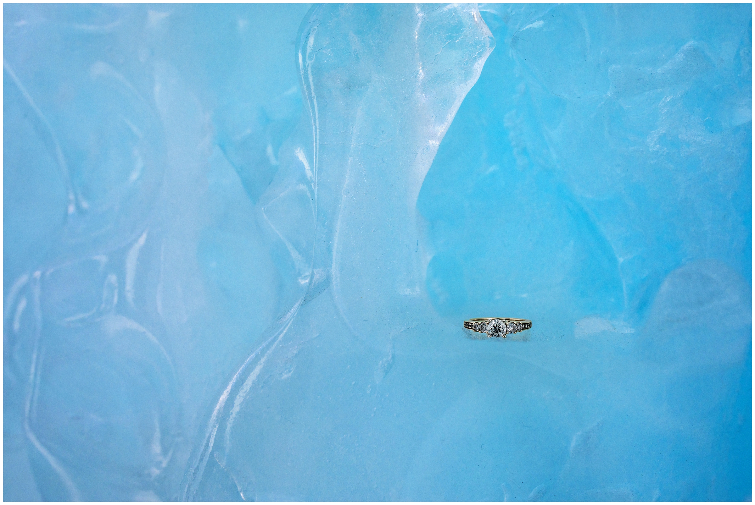 engagement ring sitting on ice at Dillon Ice castles 