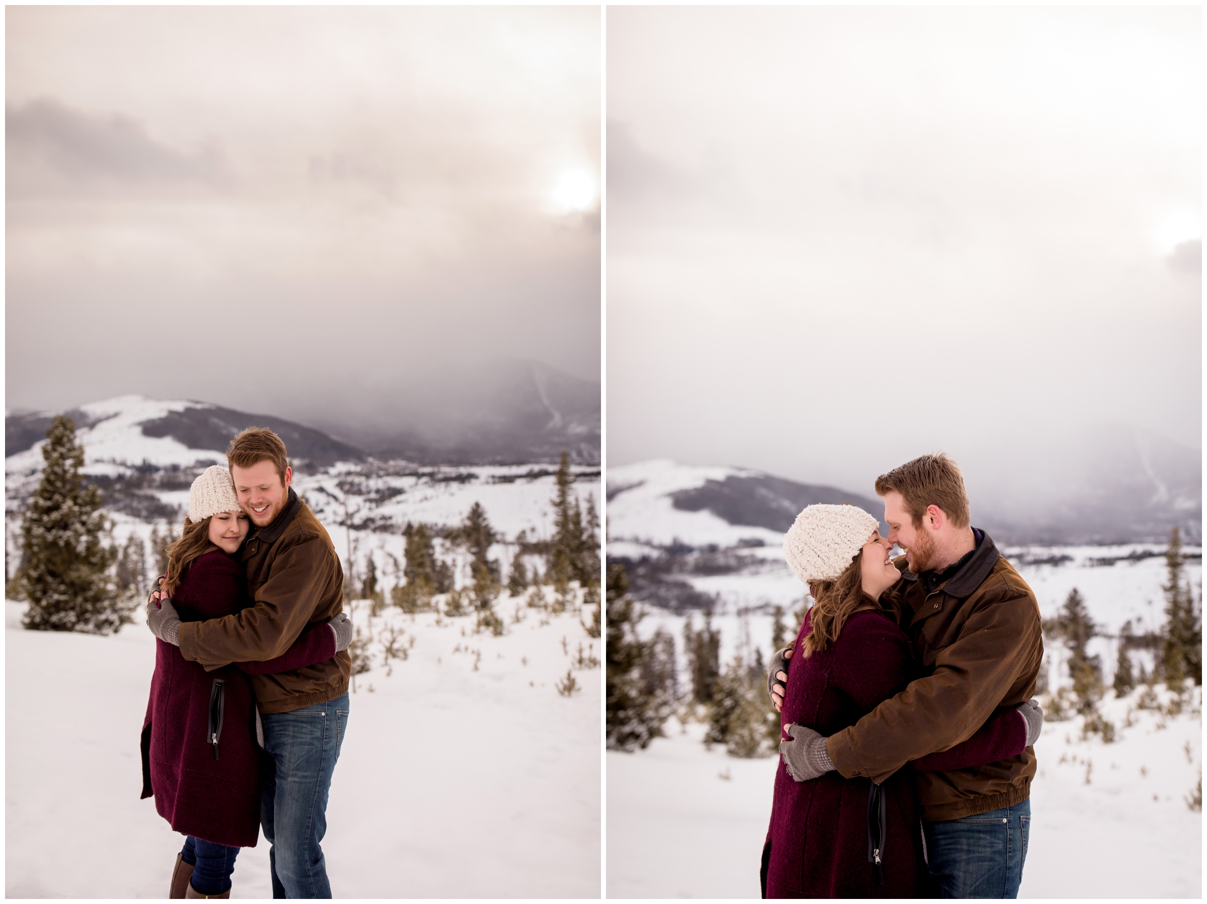 couple hugging to keep warm in snowy Colorado mountains at Sapphire Point engagement pictures 