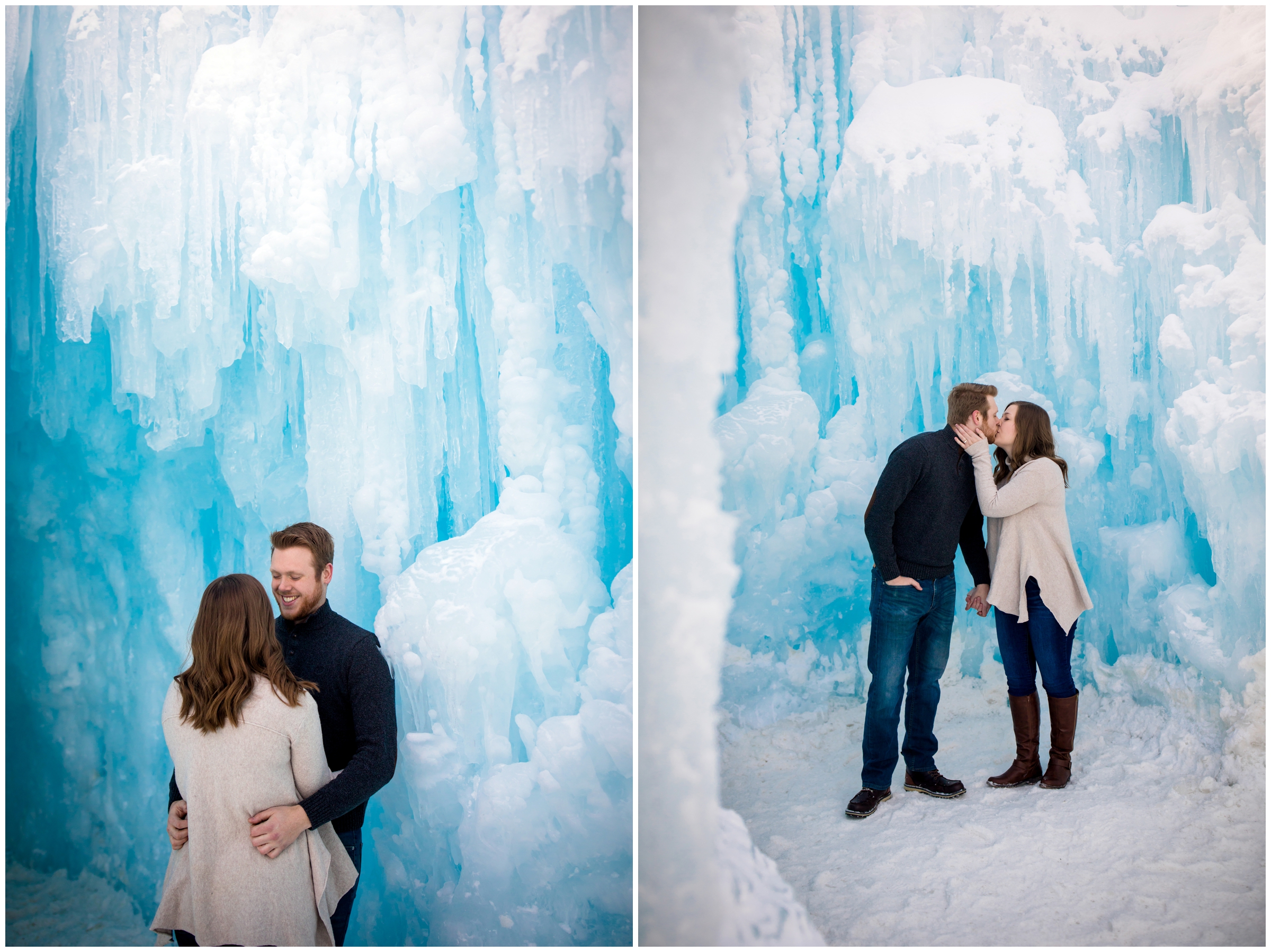 snowy Breckenridge winter engagement photos at Dillon Ice Castles by Colorado wedding photographer Plum Pretty Photography