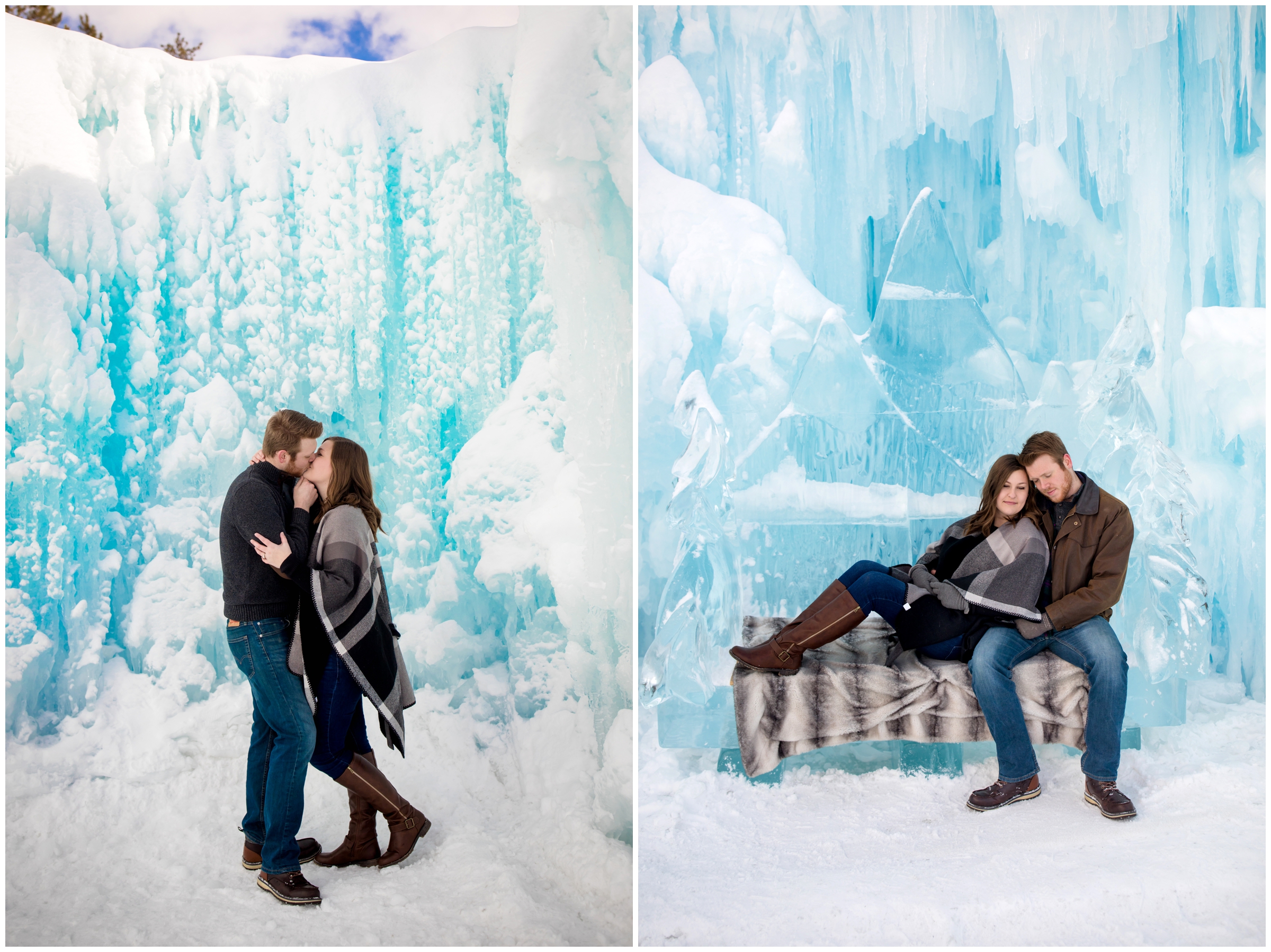 couple snuggling on bench at Colorado ice castles during winter engagement pictures 