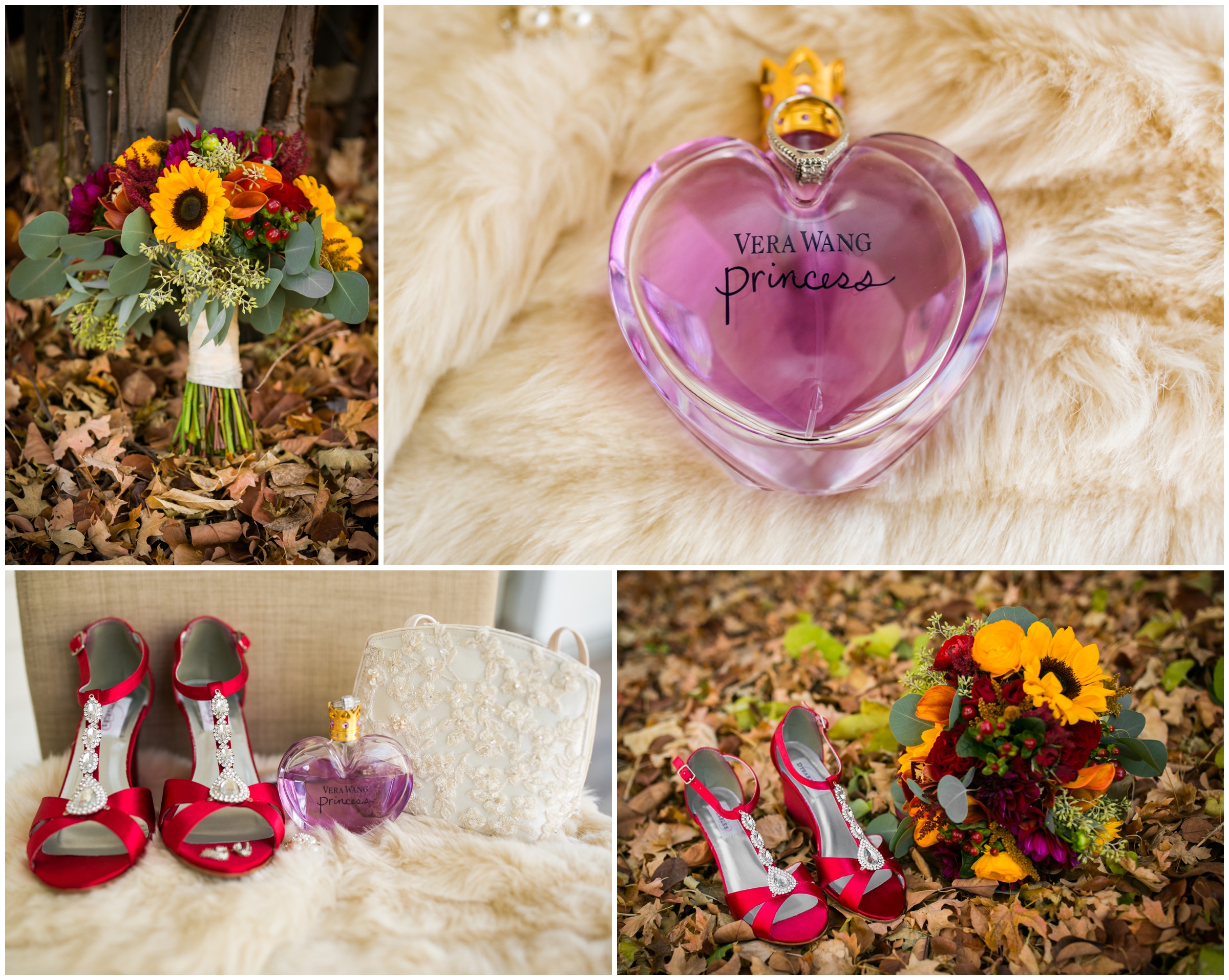 red bridal shoes and colorful fall wedding bouquet 