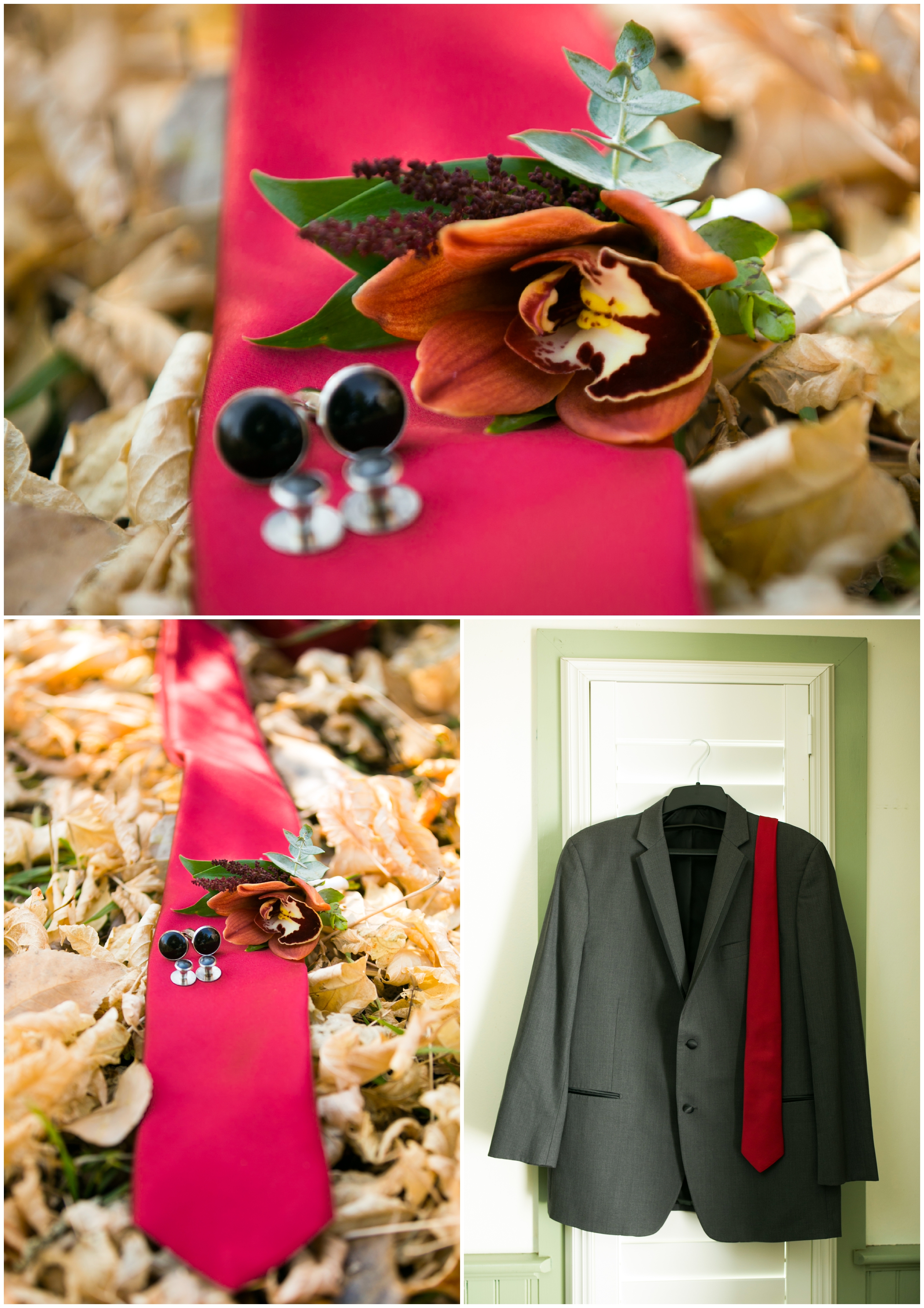 grooms red tie and orchid boutonniere 