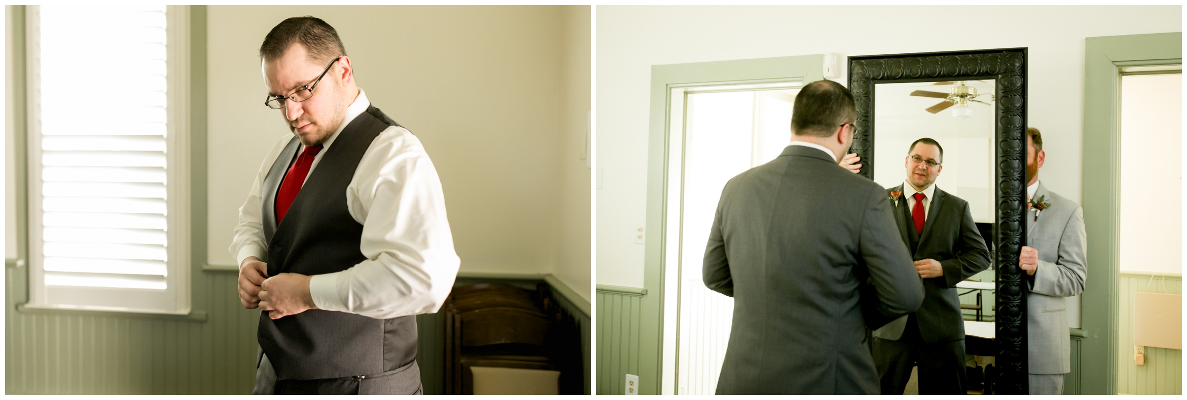 groom getting ready at Chatfield Gardens school house 