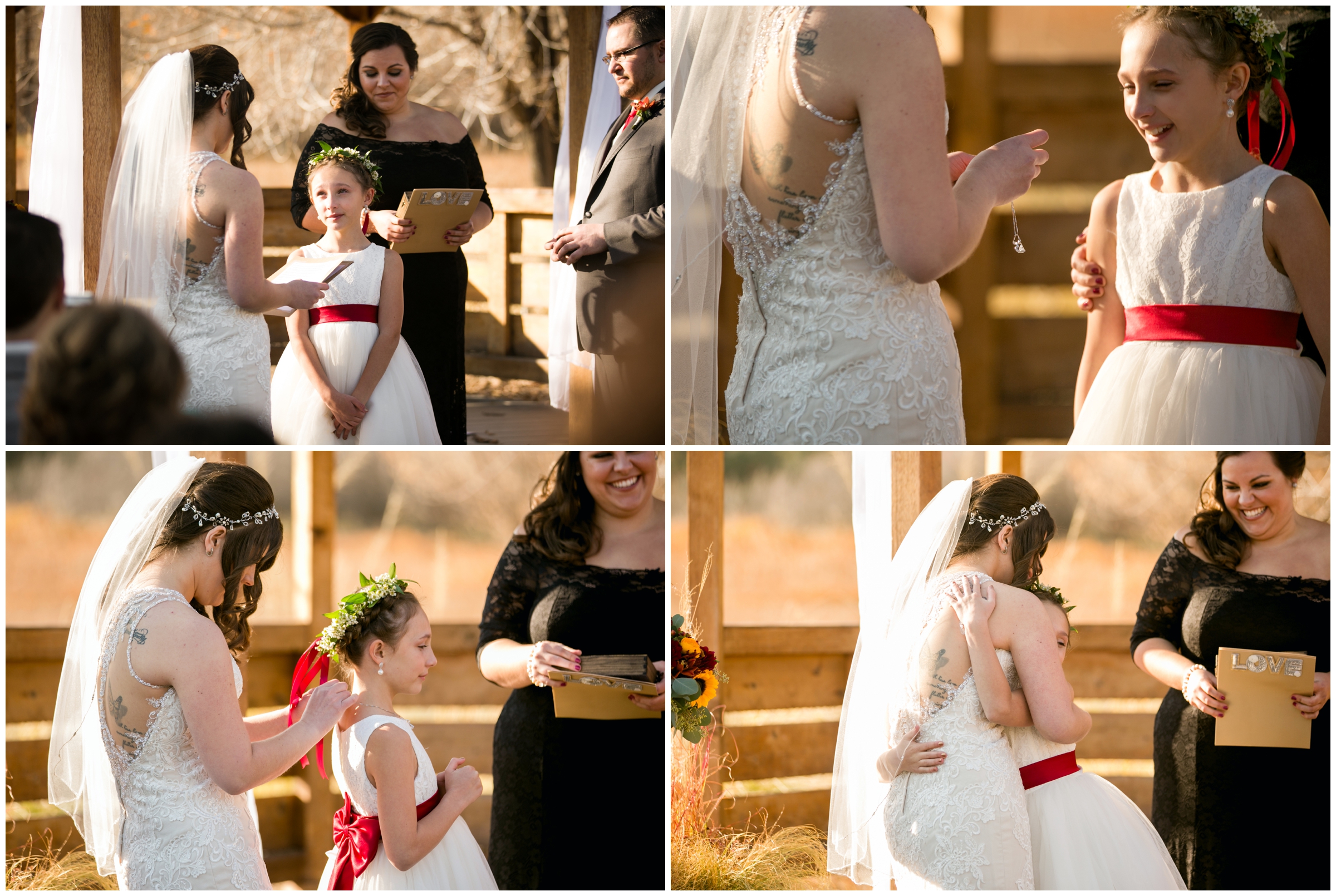bride reading vows to stepdaughter during Colorado ceremony 