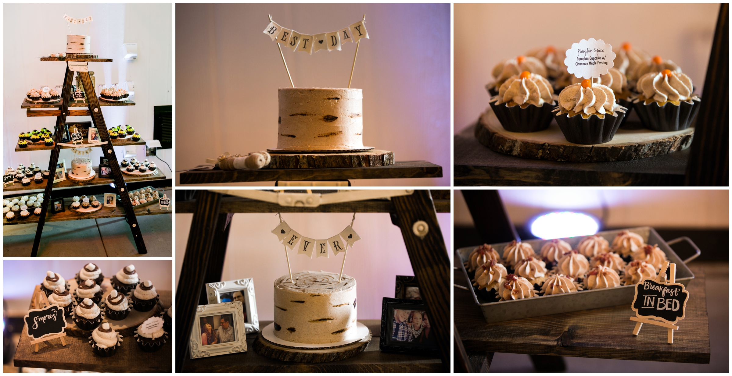 wedding dessert table displayed on vintage ladders 