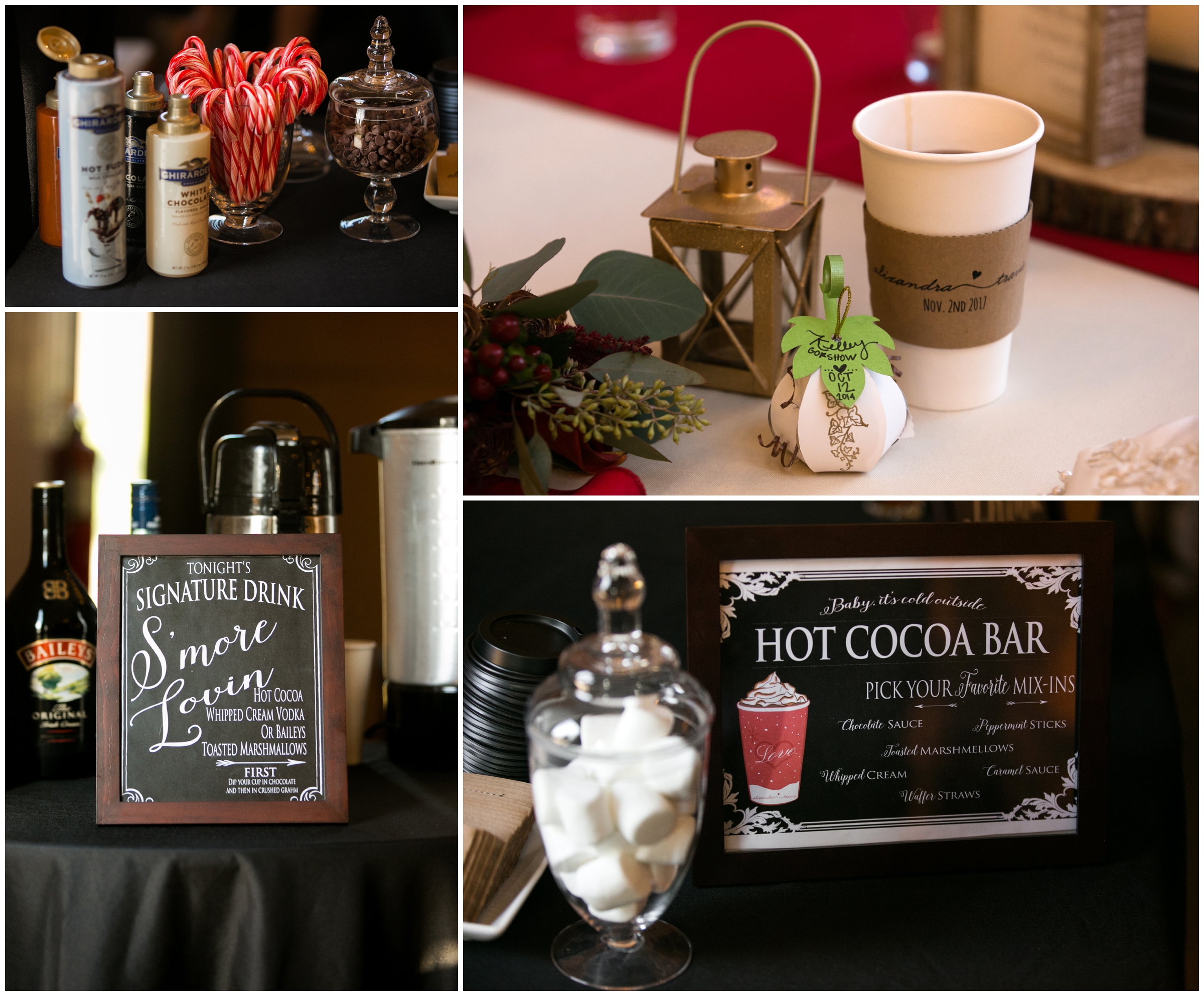 hot chocolate bar at Colorado fall wedding reception 