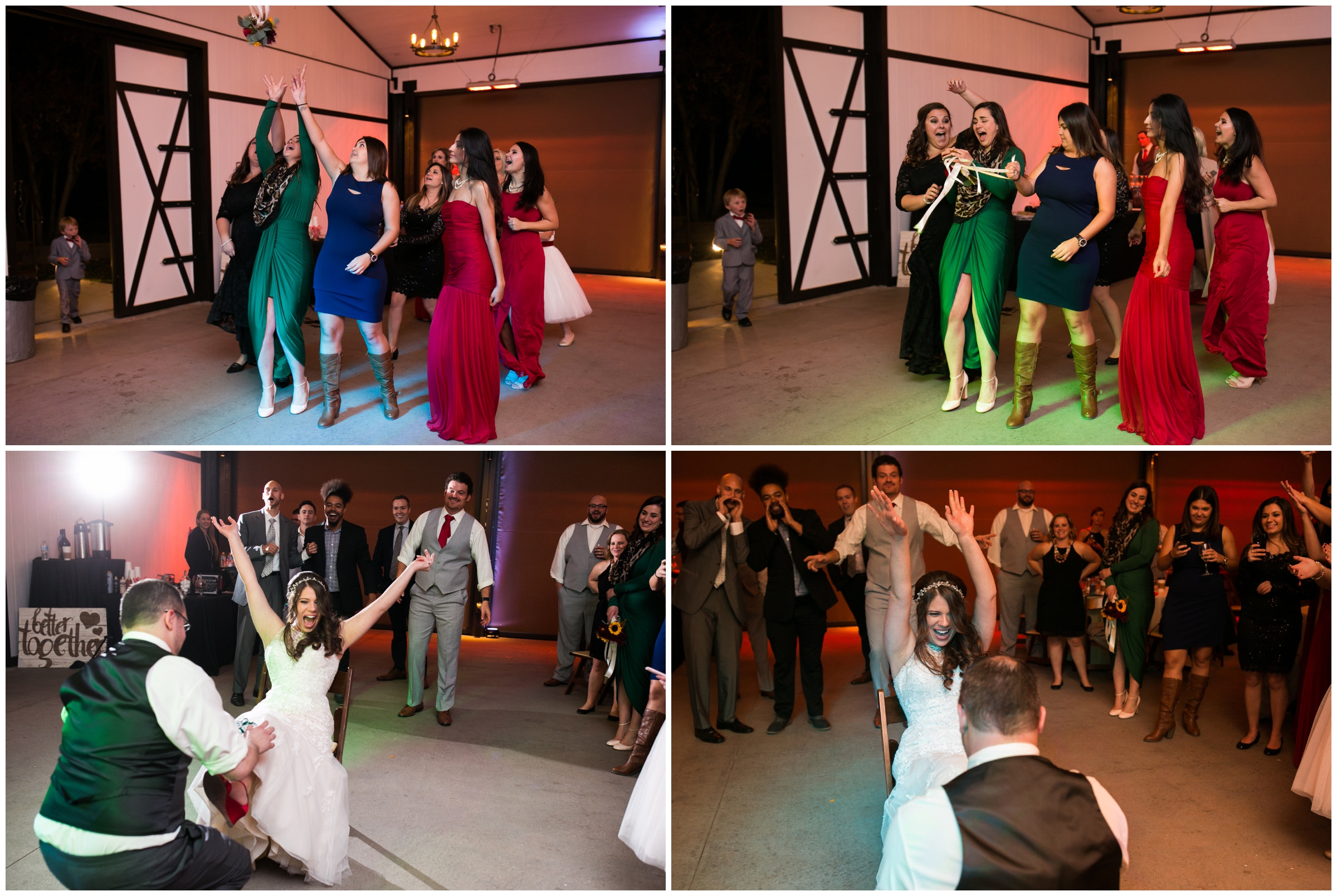 bouquet and garter toss at Colorado wedding reception 