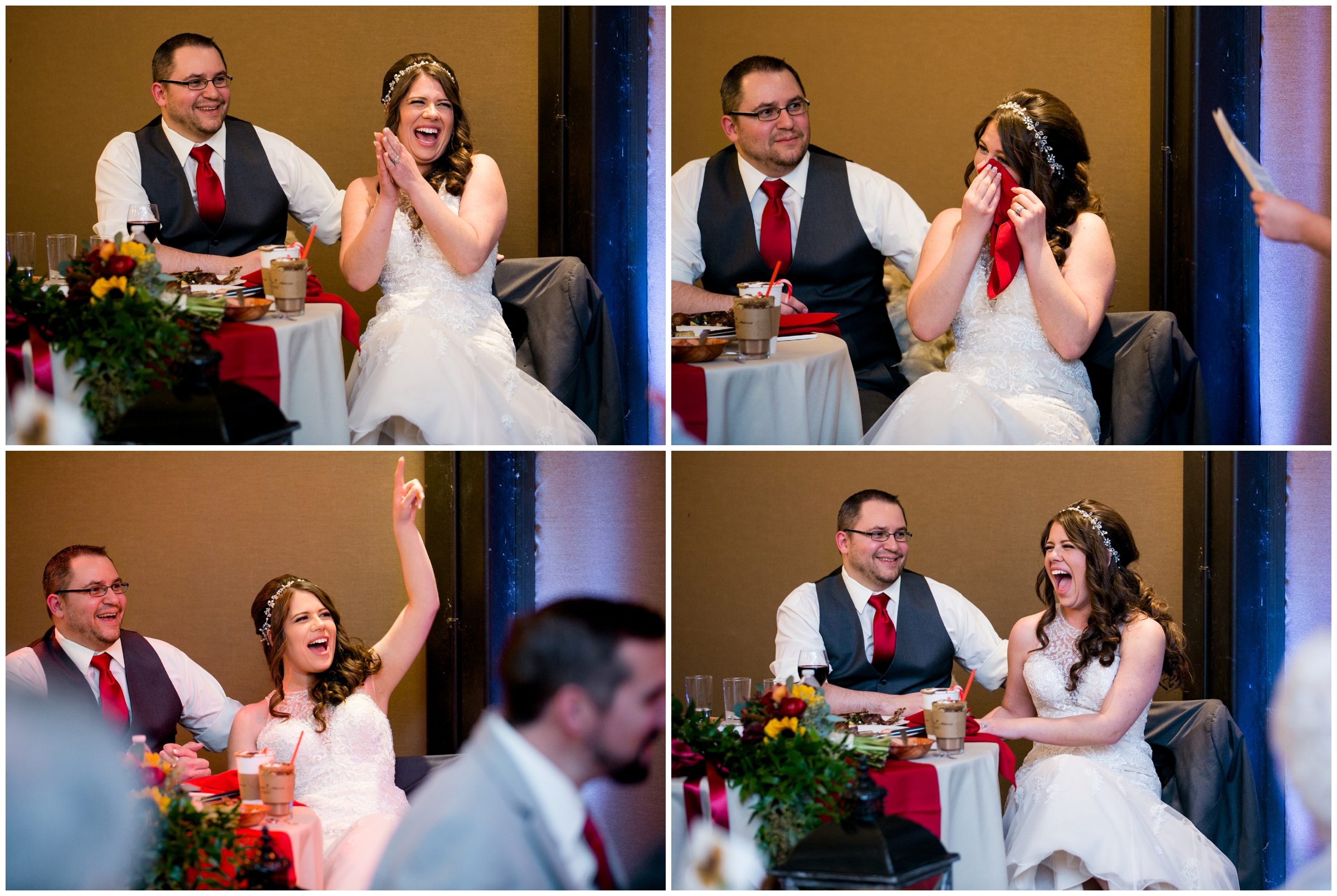 bride laughing and crying during Colorado reception toasts 