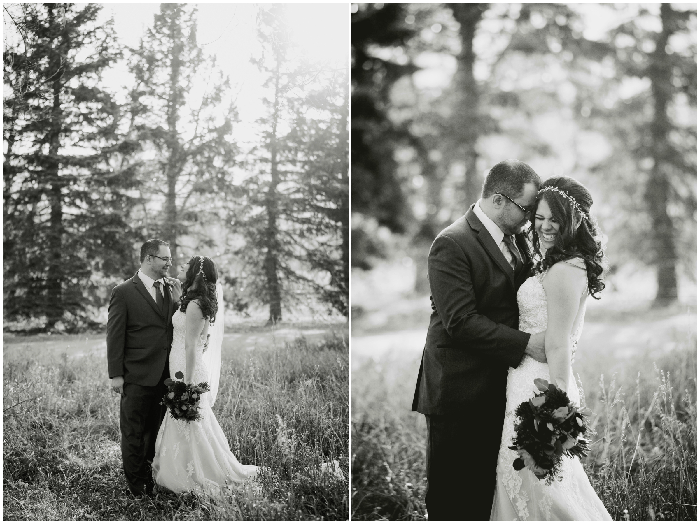 couple posing in field at Colorado farm wedding 